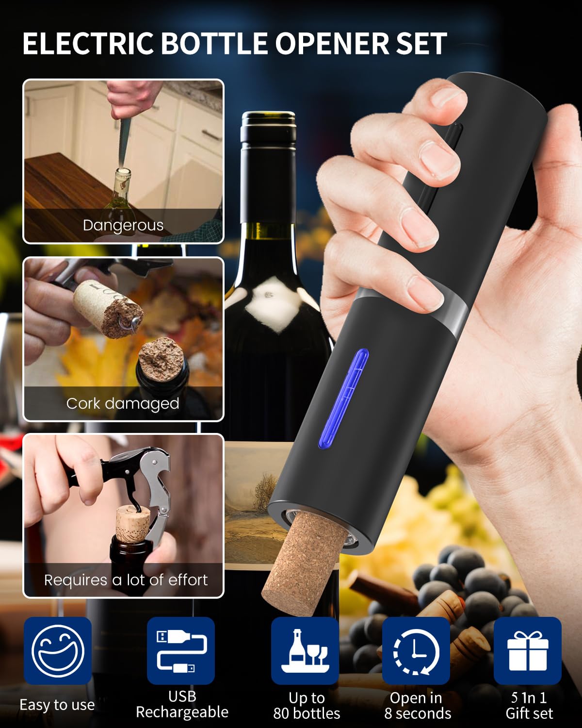 CIRCLE JOY Electric Wine Opener Set, Rechargeable 5-in-1 Wine Opener Gift Set with Charging Dock, Foil Cutter, Wine Pourer, and Vacuum Wine Stopper