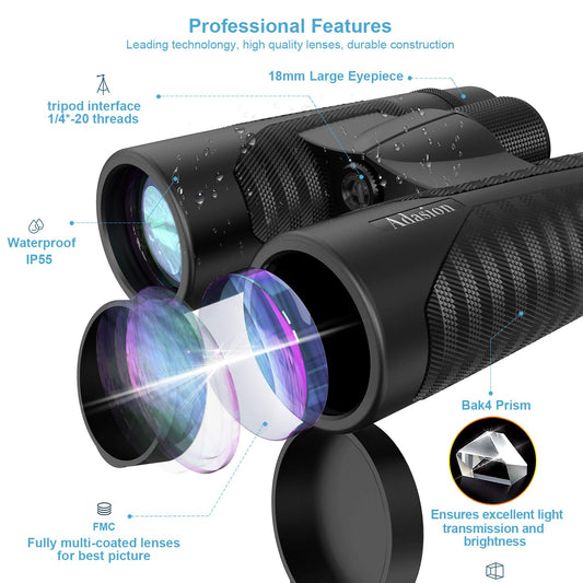 Binoculars for adults, 10 x 42, with tripod and smartphone adapter, 18mm large objective lens, super bright, waterproof binoculars for bird-watching, traveling, astronomy, sports, and wildlife.