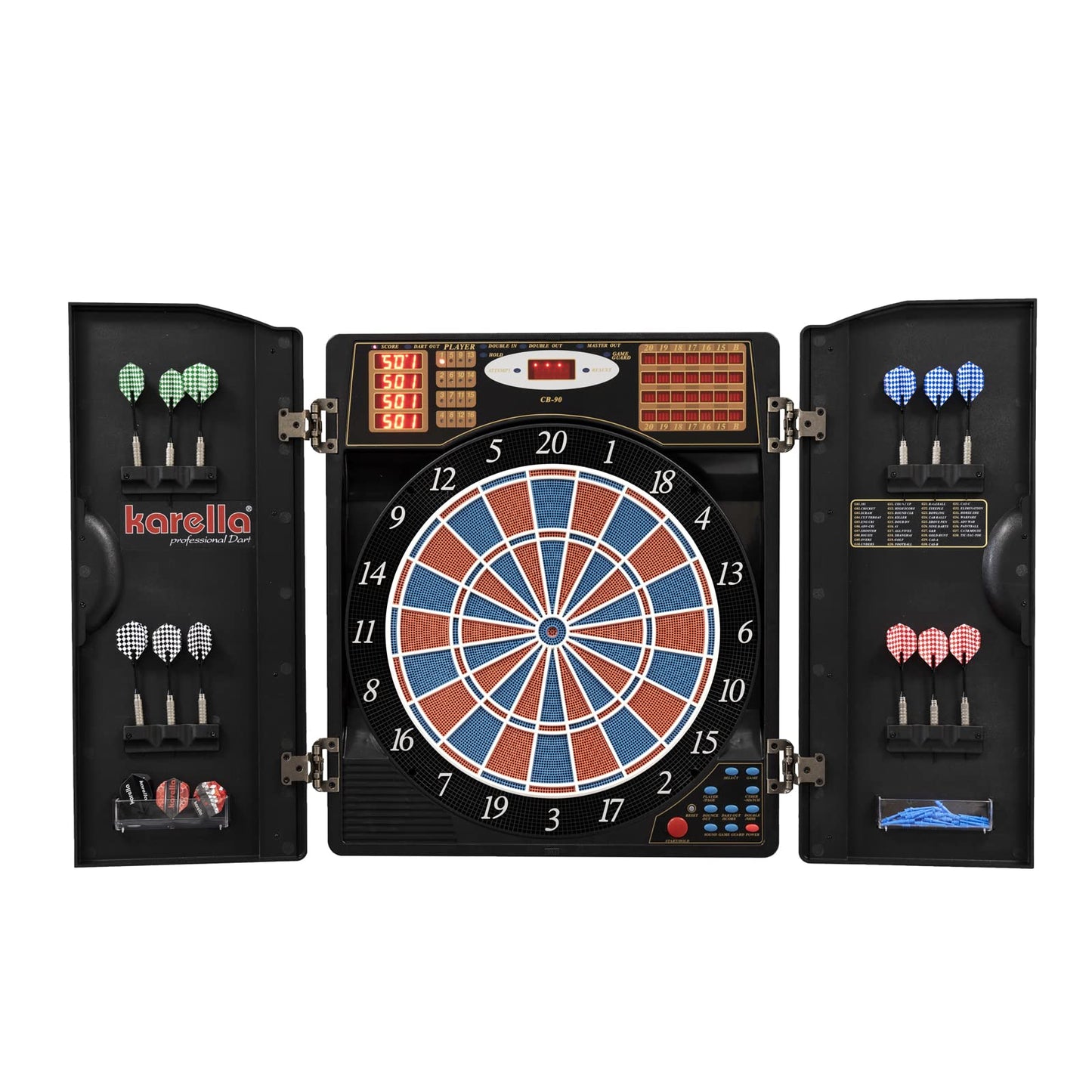 Dart machine Karella CB-90 in the cabinet, electronic dartboard with 38 games and 211 variations, exact tournament dimensions in 2-hole design, includes 12 soft darts.