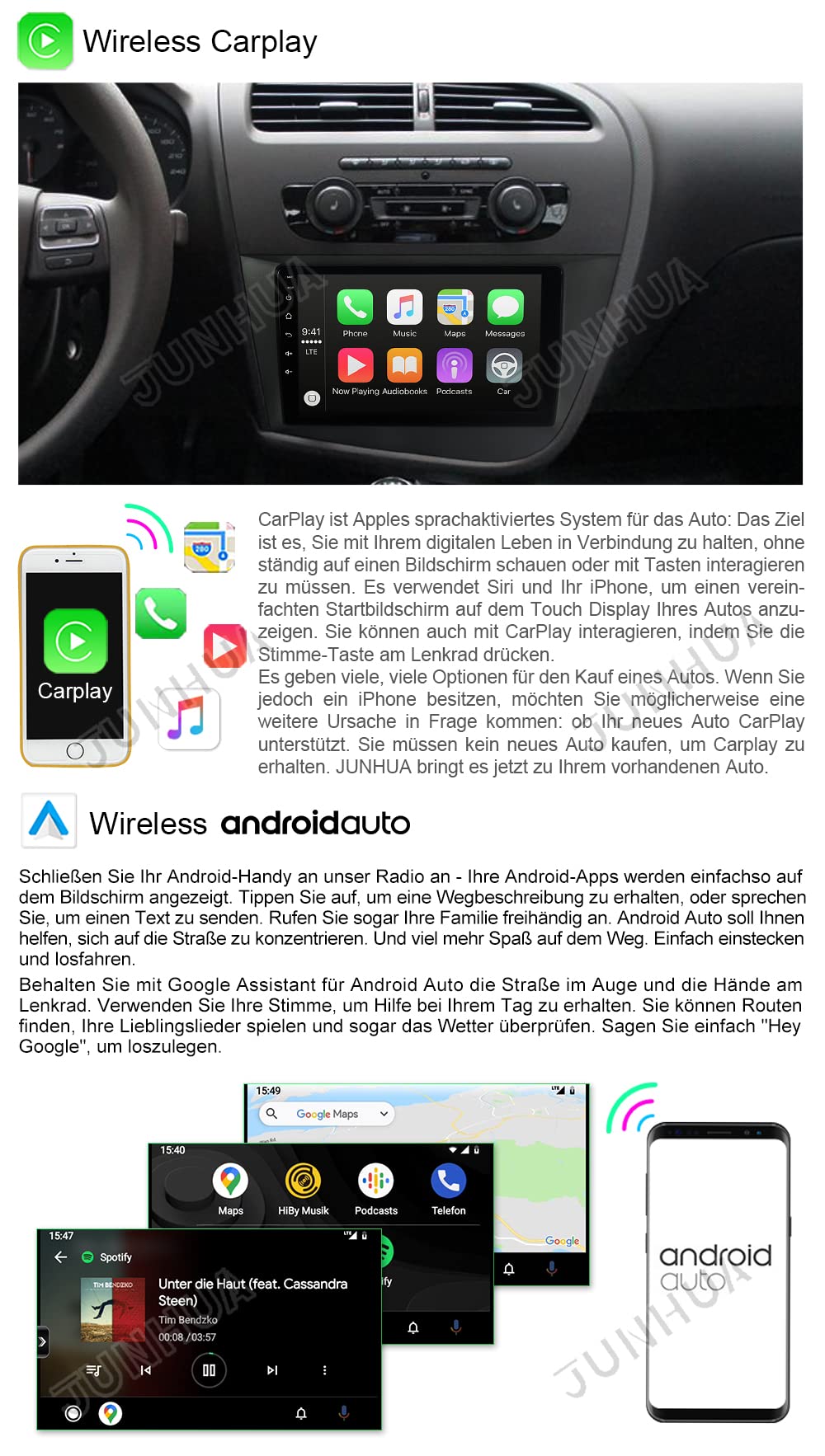 JUNHUA 9" Android 12 2GB+32GB car radio navigation for SEAT Leon MK2 2005-2012, with 1280*800 resolution. Supports Wireless Carplay, Android Auto, GPS, Bluetooth, DSP, FM Radio, RDS, WiFi. Car multimedia system.