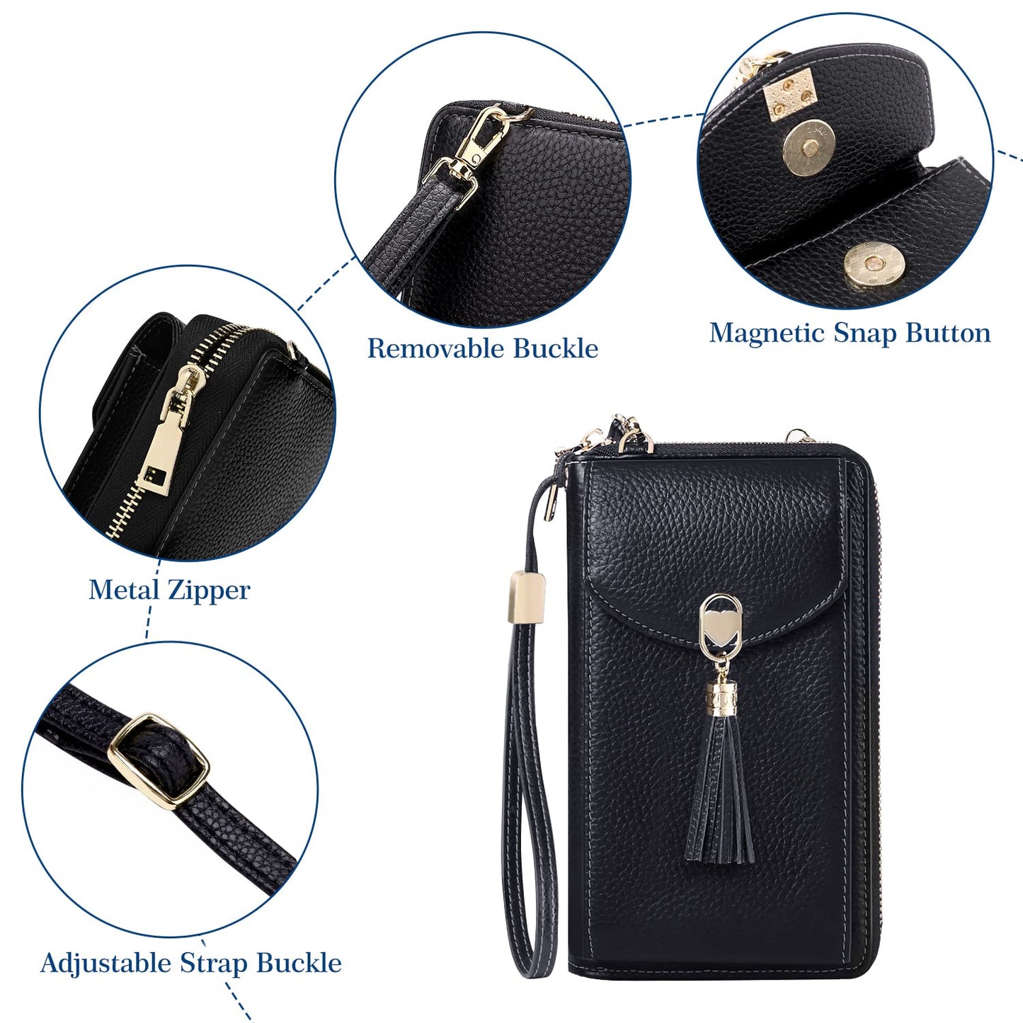 BTNEEU crossbody phone purse for women is made of leather with RFID protection. It features 12 card slots, adjustable shoulder strap, and can hold your phone and wallet securely. Available in black.