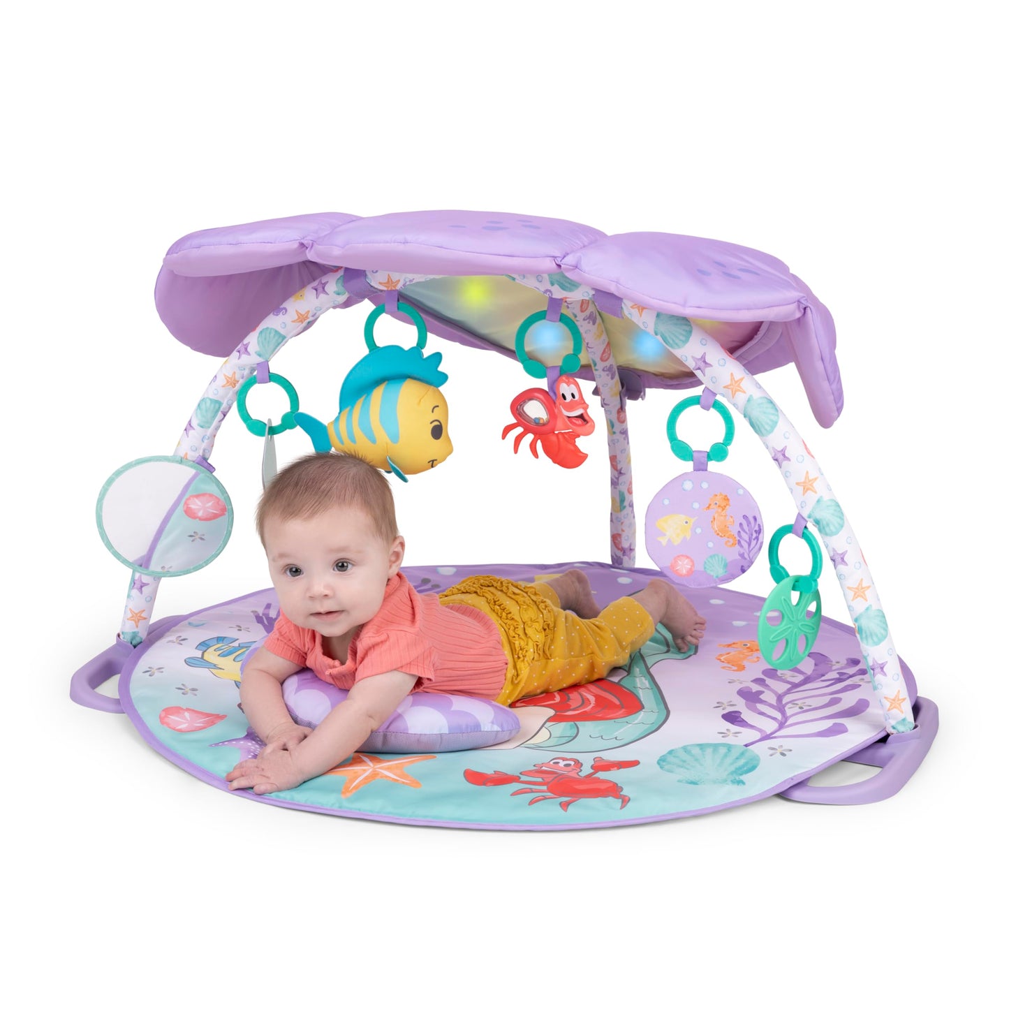 Bright Starts, The Little Mermaid Twinkle Trove illuminated music activity gym, 25 minutes of melodies, 6 toys included, for newborns +.