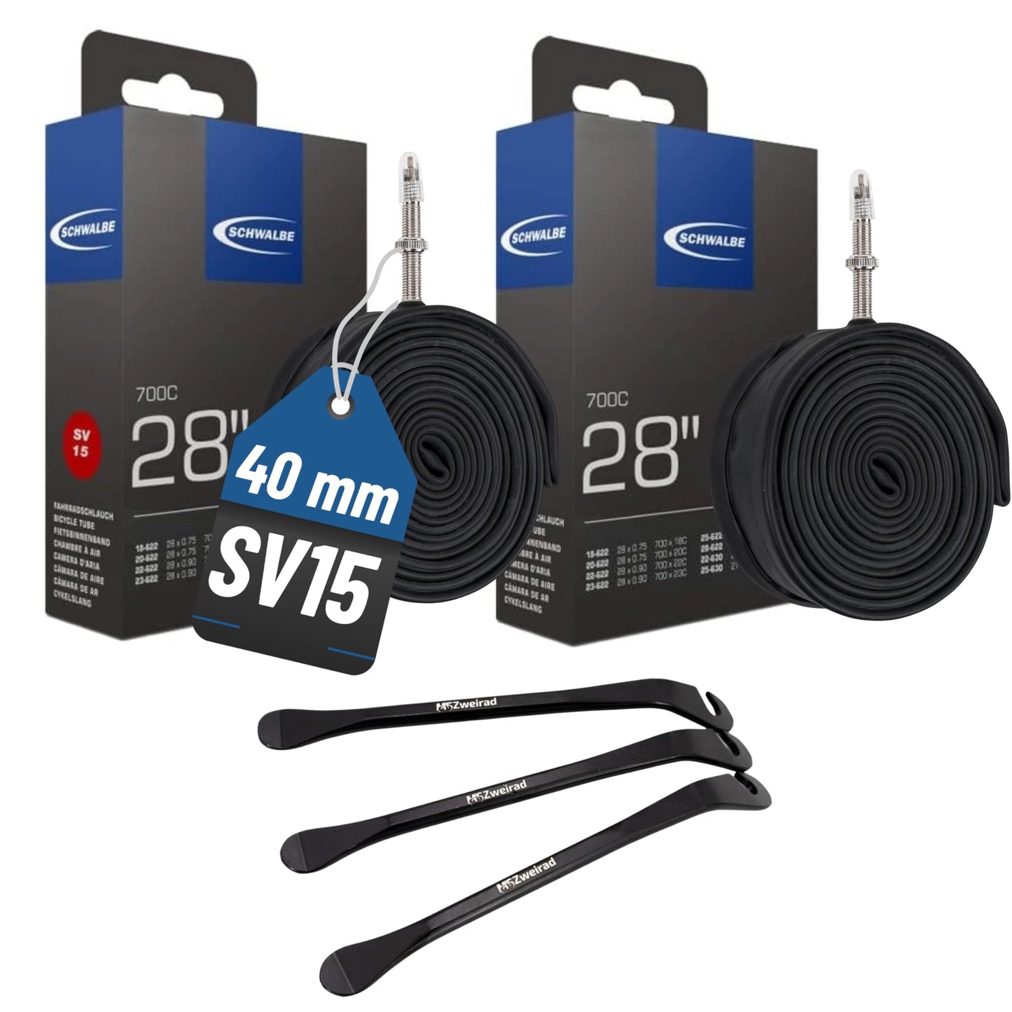 2-pack Schwalbe bicycle tube SV15 40mm 28 inch (18/28-622/630) including 3 MSZweirad tire levers