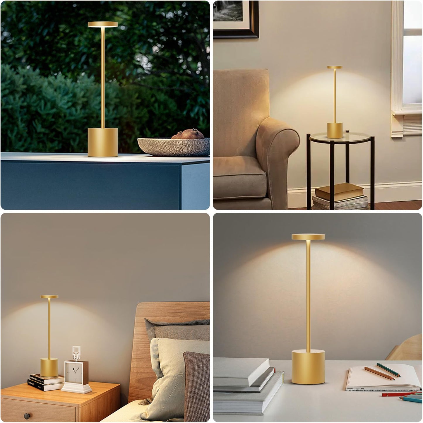 SLSMD Cordless Table Lamp, 5000mAh Metal Aluminum Dimmable LED Battery Table Light, Portable USB Rechargeable Bedside Lamp, Suitable for Indoor Outdoor Dining Room Bar Patio (2 Gold)