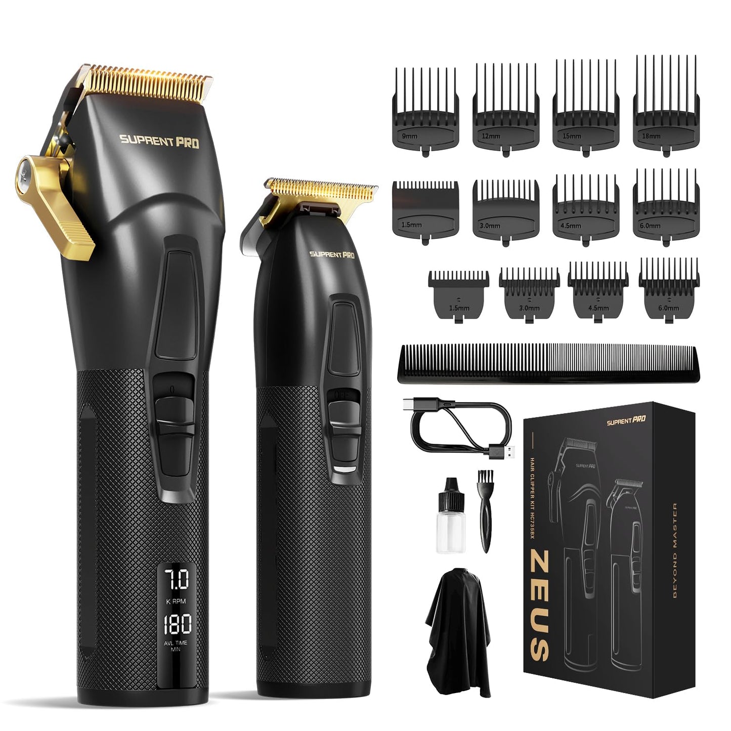 SUPRENT Professional Hair Clipper Men Rechargeable USB-C Hair Trimmer & T-Blade Hair Clipper Set with 5V Boost Technology, cordless hair and beard trimmer, LED display Gift