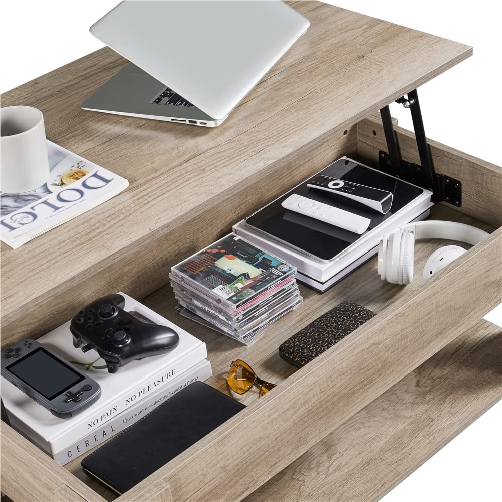 Yaheetech coffee table with adjustable height, living room table with storage shelf, wooden gray side table, end table.