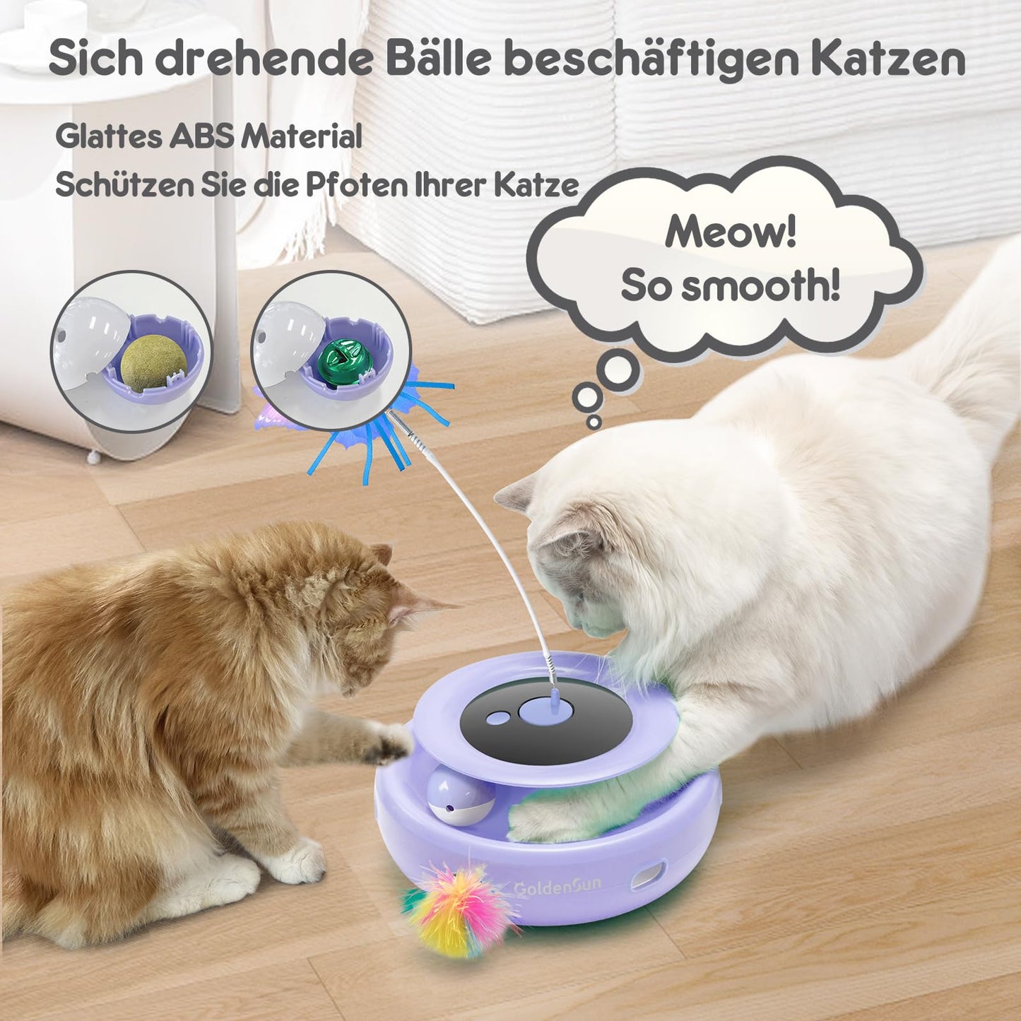GoldenSun 3 in 1 Interactive Cat Toy, Electric Automatic Cat Toy, Whack-A-Mole, Fluttering Butterfly, includes Ball, USB Rechargeable Cat Teaser with 6 Attachments.