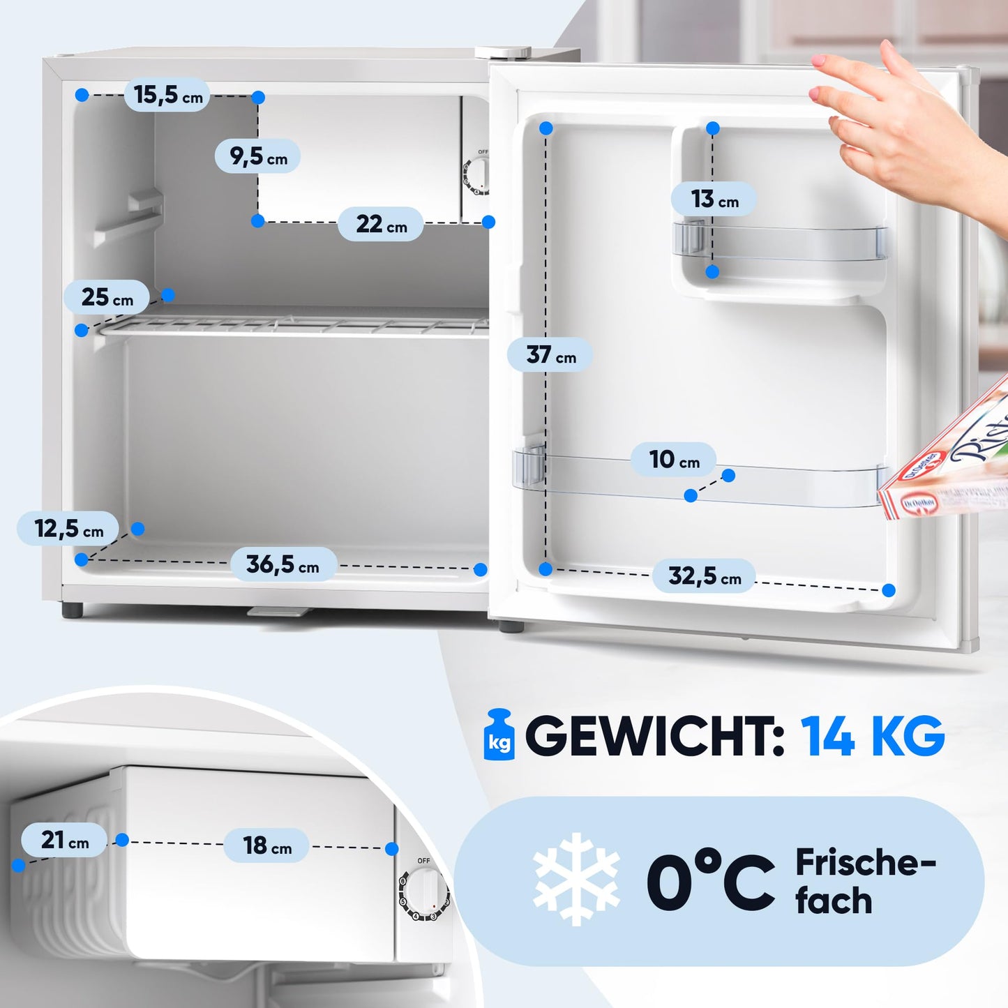 Stillstern Mini Fridge 45L with defrost function, lock, freezer compartment, quiet operation, ideal for kitchen, office, bedroom, hotels, and small apartments. Small refrigerator, minibar, beverage cooler in white.