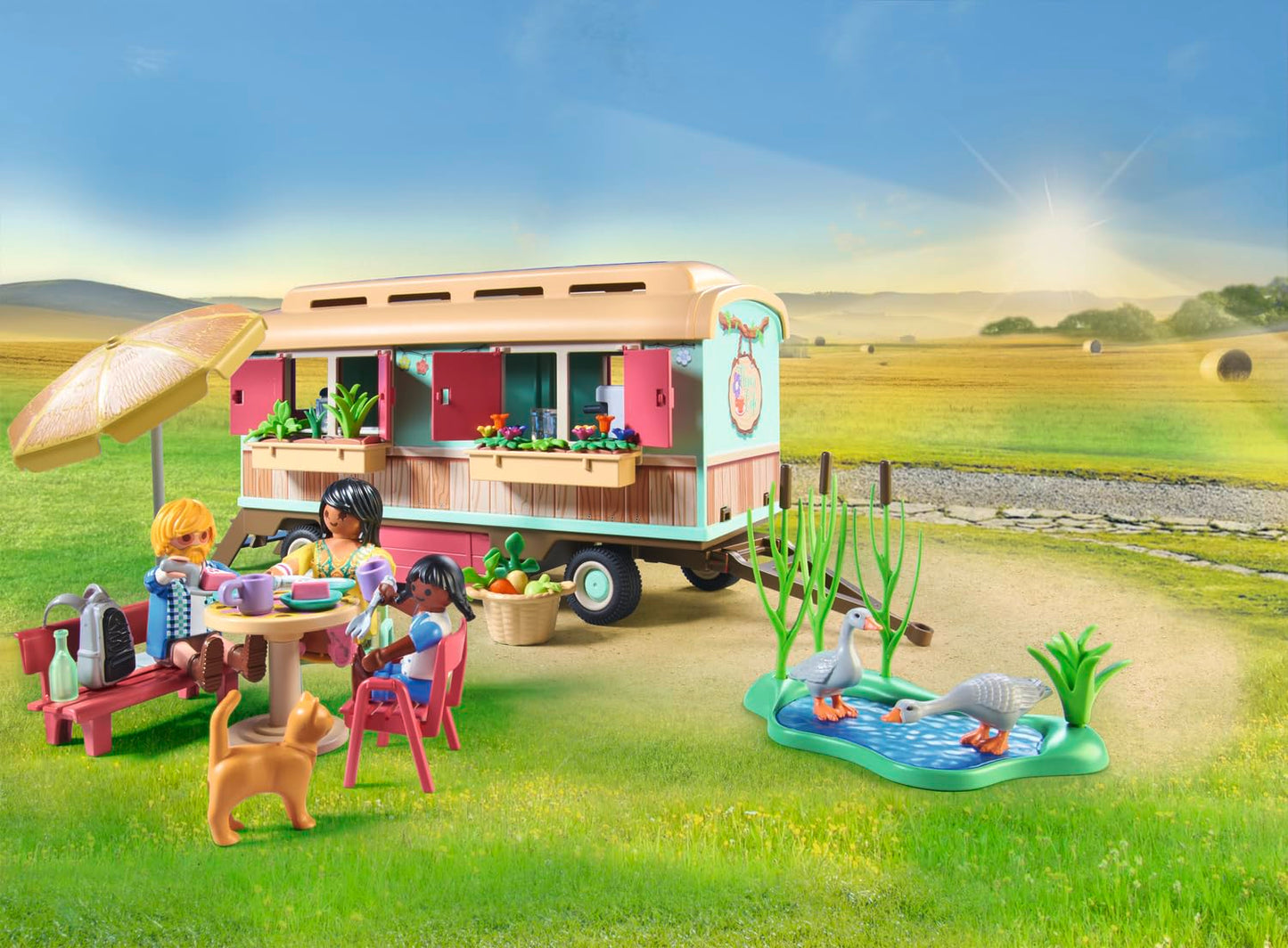 PLAYMOBIL Country 71441 Cozy Trailer Café, playful learning with lovingly designed trailer, detailed amenities, and a pond with geese, sustainable toy for children aged 4 and up.