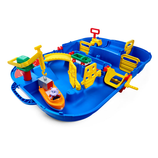 AquaPlay - LockBox - Waterway as a carrying case with 27 pieces, game set including 1 Hippo Wilma, amphibious car, and container boat, for children aged 3 and up, 8700001516, Blue