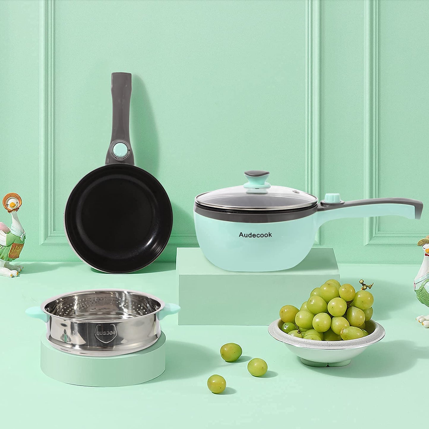 Audecook Electric Hot Pot with Steamer, 1.5L/20cm Electric Frying Pan Hotpot Pot Nonstick Mini Electric Skillet, Multi-cooker for Dorm Ramen, Steak (A (green/1.5L with Steamer))