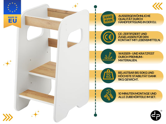 defiPad learning tower from 1 year - 3 levels adjustable in height, safe & stable - Learning Tower with tilt protection - Montessori learning tower for children - Made in the EU White - White & Oak
