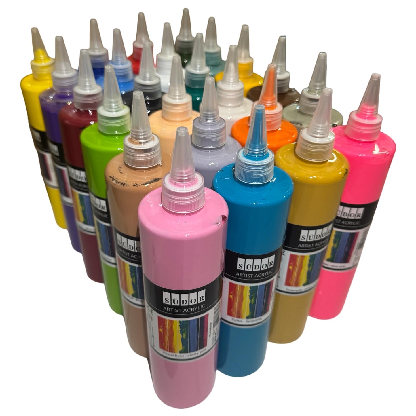 24 color set of acrylic paints, each 500 ml. Highly pigmented and opaque painting colors for canvas, pouring, wood, stone, paper, fabric, metal, etc. All-purpose colors. 24 x 500ml.