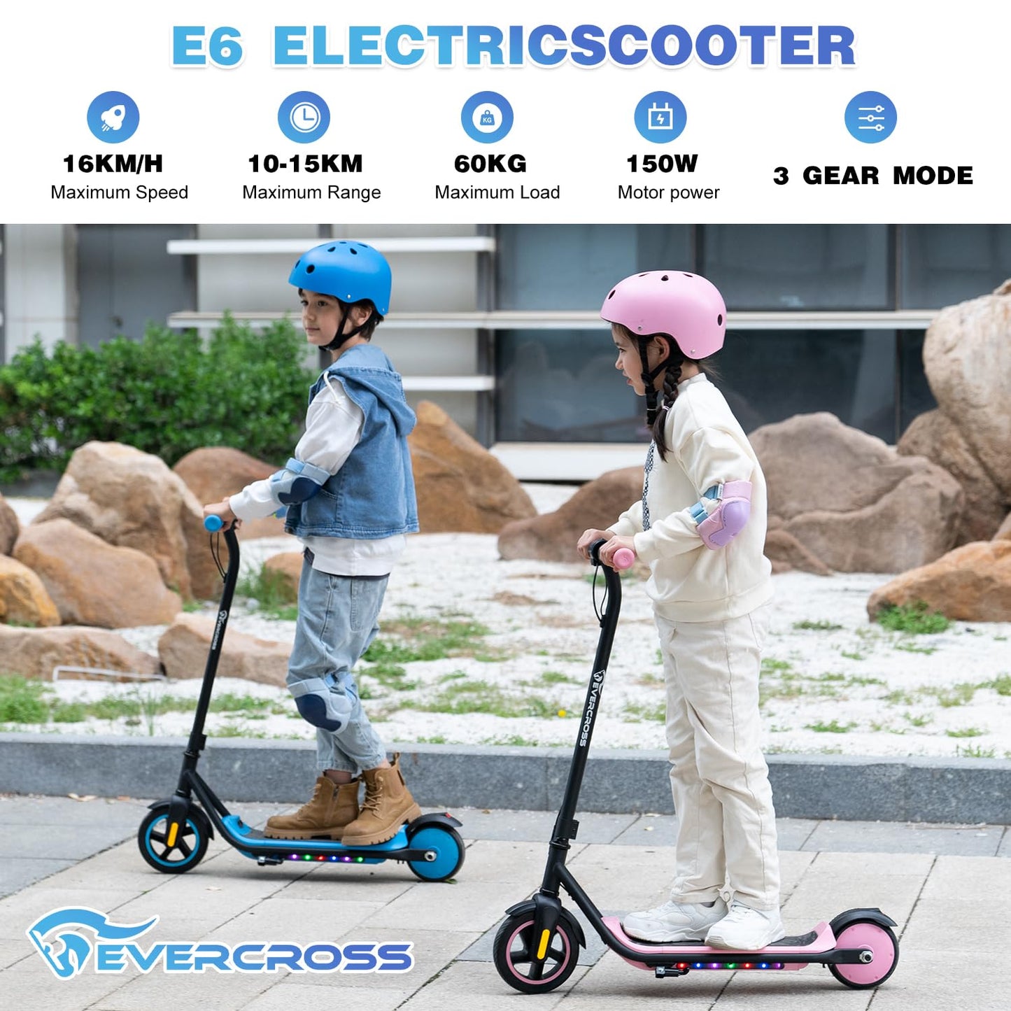EVERCROSS E6 Electric Scooter for Kids, 7" Lightweight E-Scooter for 6-12 years old, Electric scooter with a range of up to 15 km and 7 colored lights, 3 speed modes (8, 12, 16 km/h)