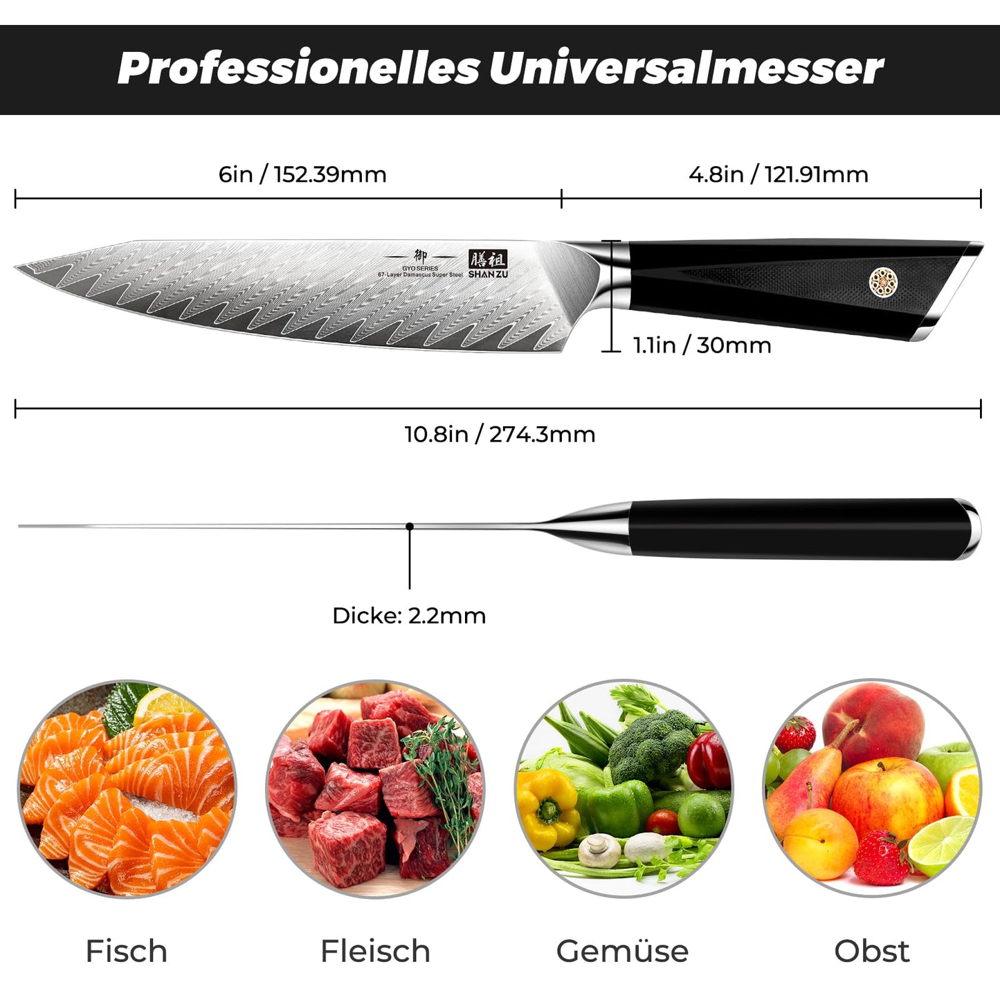 SHAN ZU Damascus Kitchen Knife, Professional Chef's Knife 15 cm, 67-layer Damascus Steel Japanese Steel 10Cr15Mov Professional Kitchen Knife with G10 Handle - GYO Series