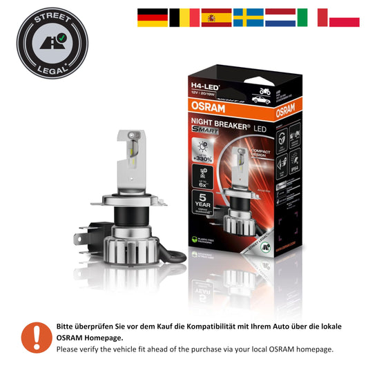 Osram NIGHT BREAKER LED SMART H4 for motorcycles; up to 330% more brightness; 6000K, LED retrofit lamp for motorcycles with road approval, white