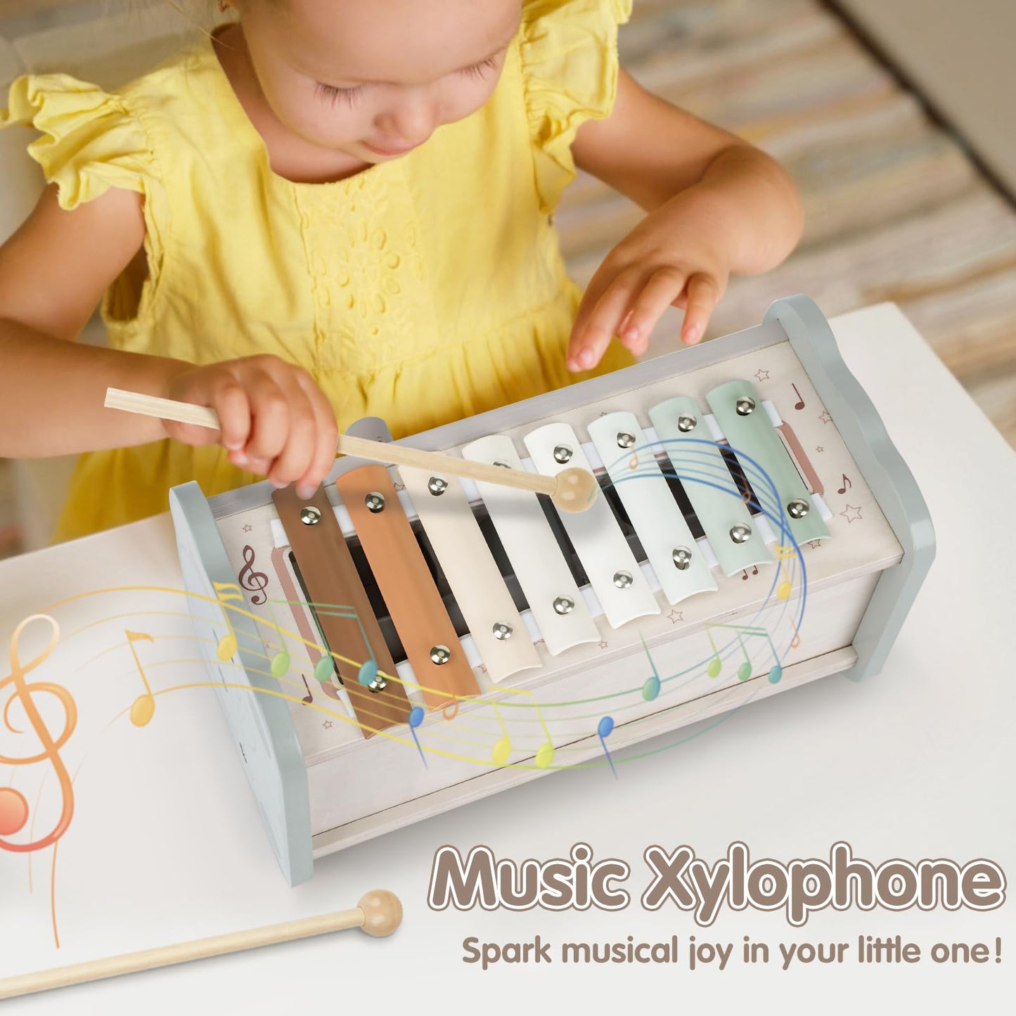 DINORUN Montessori toy for ages 1 and up, wooden hammering toy for fine motor skills, xylophone for 1 year old kids, ideal gift for children ages 1-4, girls and boys.