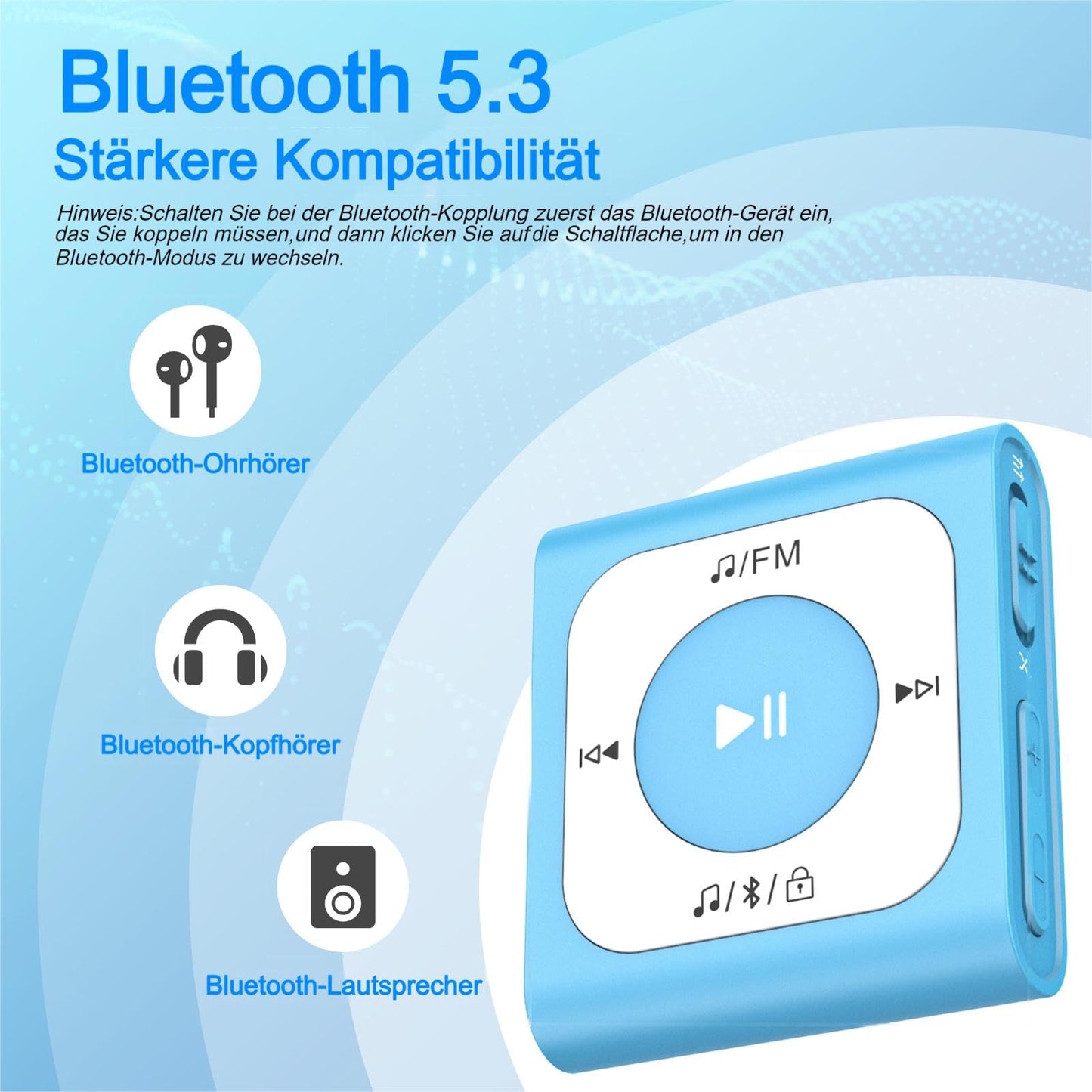 AGPTEK 64GB Clip MP3 Player with Bluetooth, Mini Portable Music Player with FM Radio, Shuffle, no phone needed for Sports, Blue