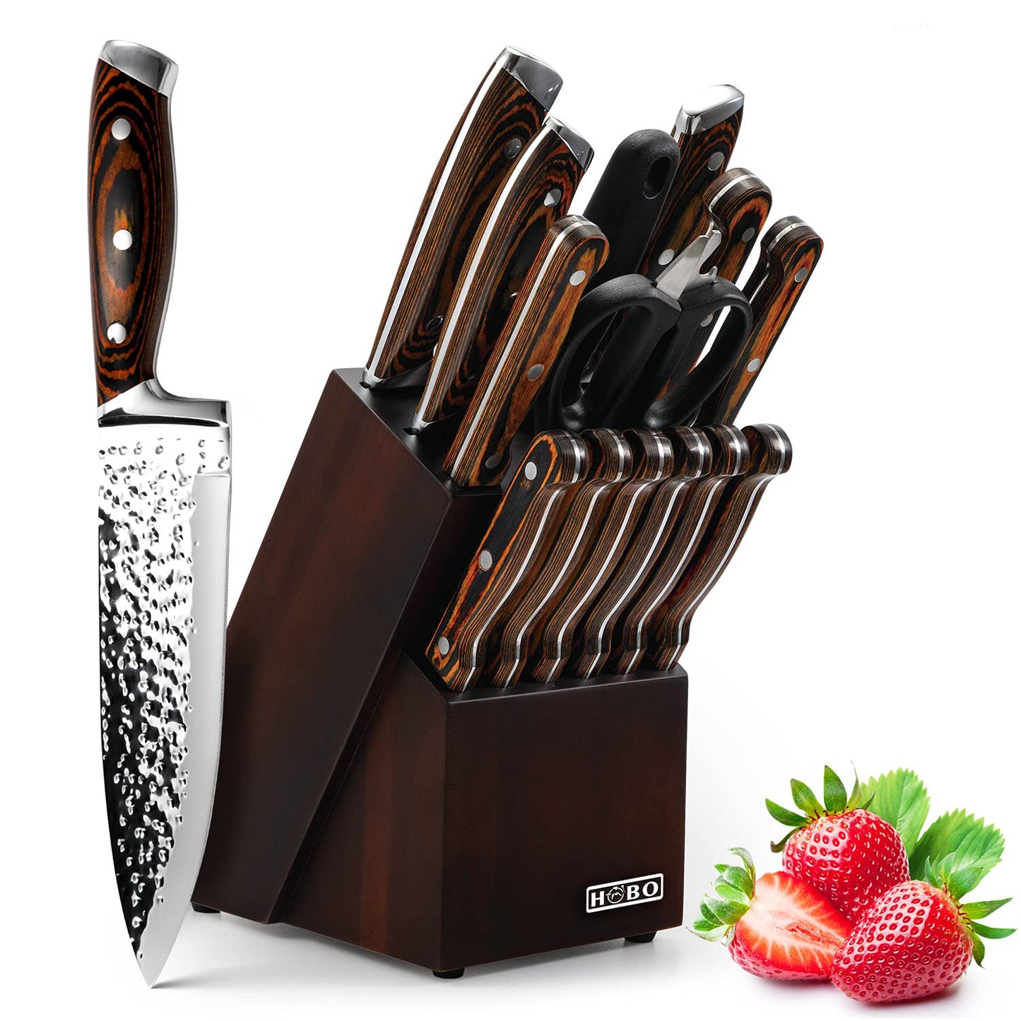 HOBO knife set, 15-piece knife block set, kitchen knife set with Santoku knife, chef's knife, bread knife, paring knife, steak knife, sharpener, Japanese stainless steel blades, water ripple texture, colored wooden handle.