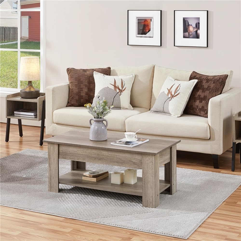 Yaheetech coffee table with adjustable height, living room table with storage shelf, wooden gray side table, end table.