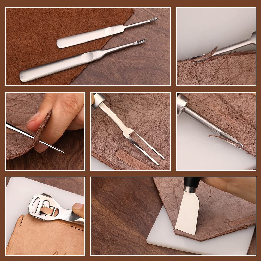 Leather craft tools, 37-piece leather sewing set, leather craft tool set for leatherworking with storage pouch for cutting, punching, sewing, carving