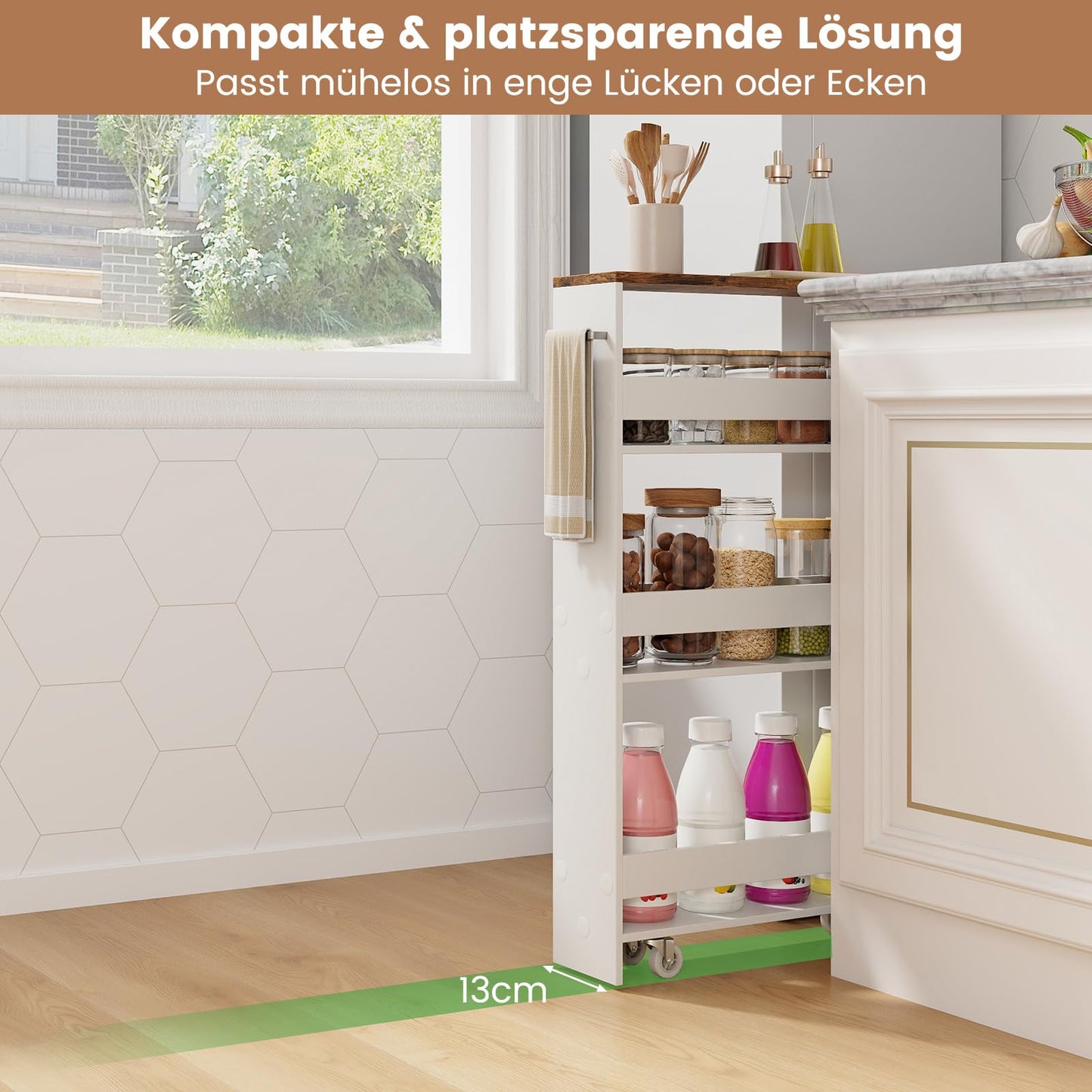 GIANTEX 13cm wide niche shelf, kitchen shelf kitchen cabinet kitchen trolley, niche cabinet niche trolley on wheels, bathroom shelf rolling cart wood 4 tiers, slim shelf for kitchen, 47.5 x 13 x 80.5 cm