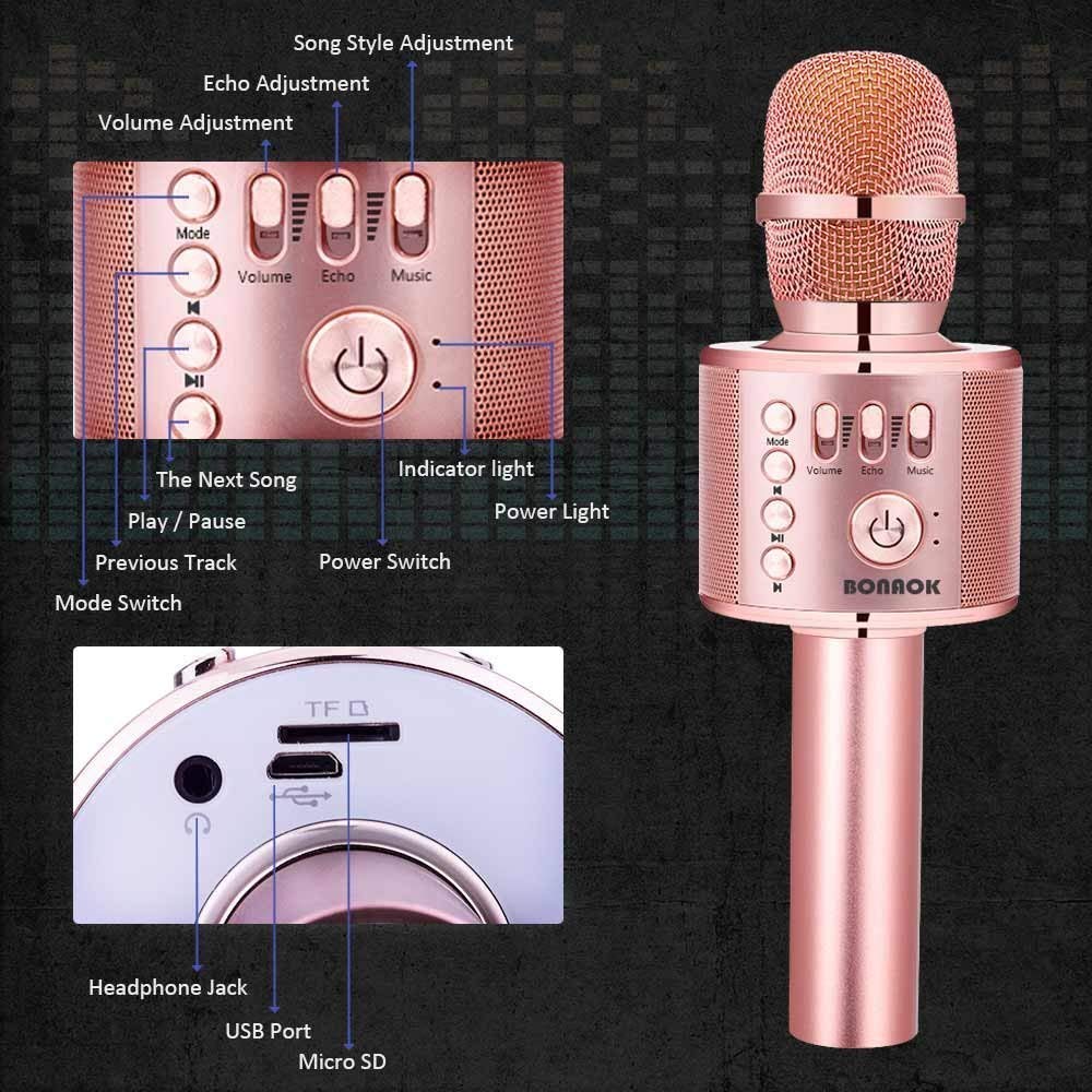 BONAOK Wireless Bluetooth Karaoke Microphone, Portable 3 in 1 Karaoke Handheld Mic Birthday Gift Home Party Speaker for iPhone/Android/iPad/PC/Smartphone (Rose Gold Plus)