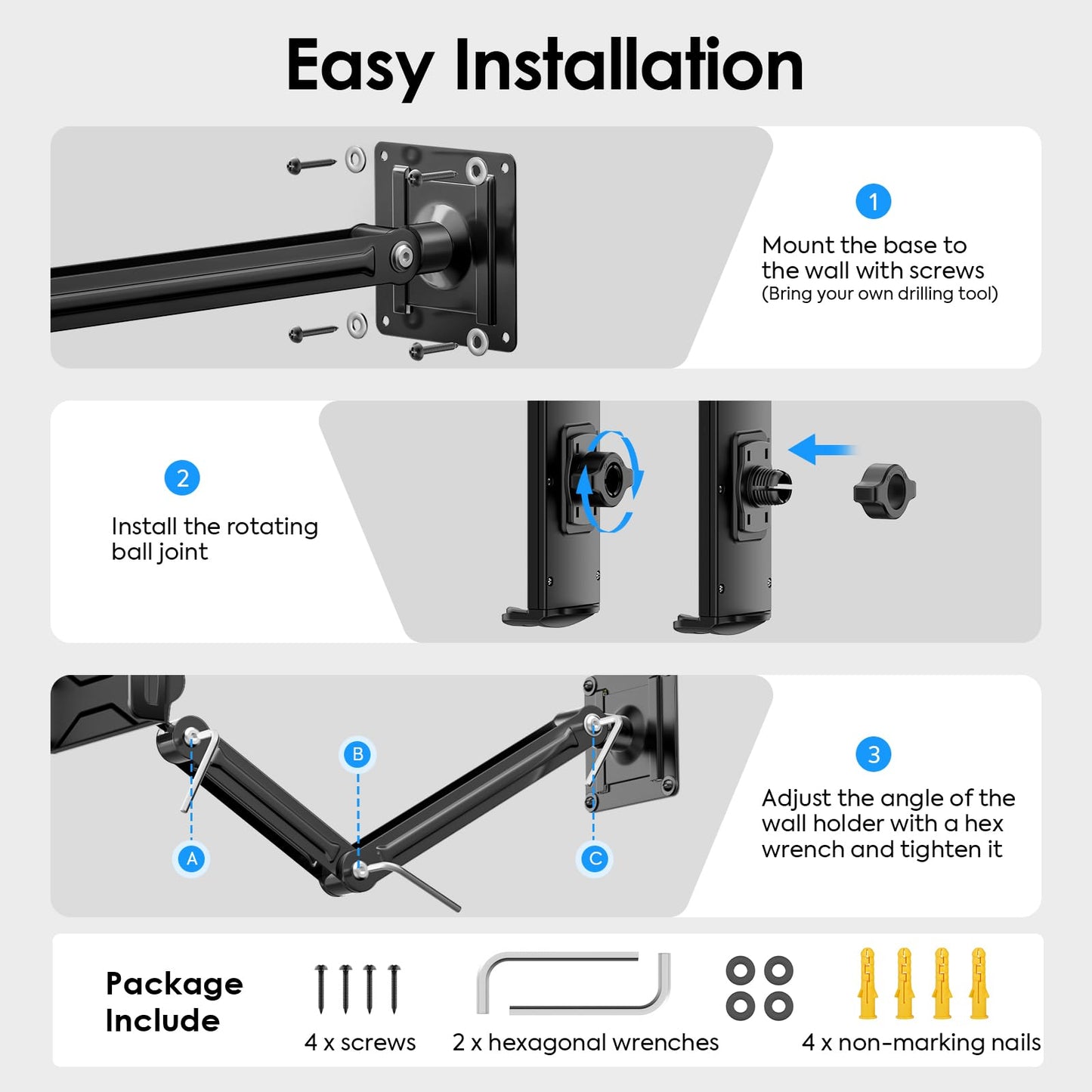 MoKo Universal Tablet Wall Mount, 360° Adjustable iPad Wall Mount for 4.7"-14'' Phones and Tablets, Expandable & Foldable Tablet Holder Wall made of Aluminum for Kitchen/Gym/Office, Black