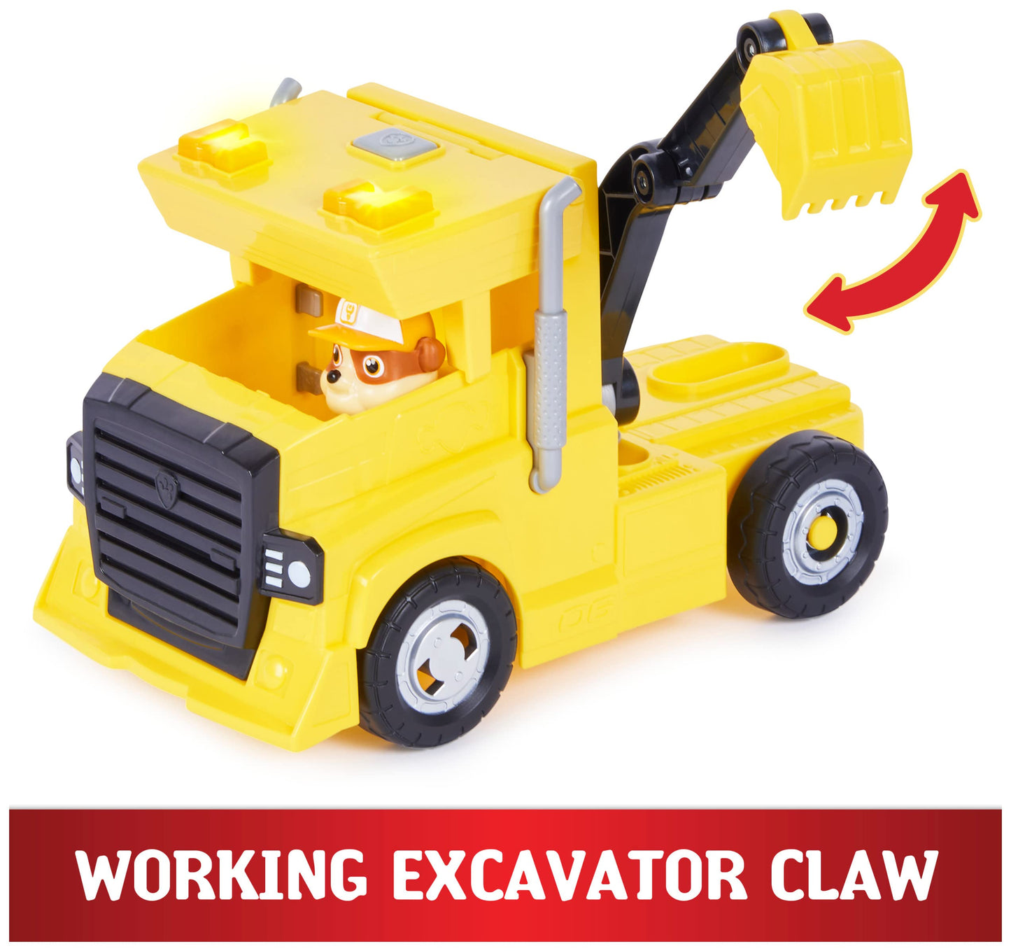 PAW PATROL 6064242 2-in-1 Rubble's Truck with digger, toy crane, lights and sounds, action figures, toy for kids ages 3 and up.