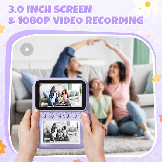 CalineGam instant camera for kids, 3.0 inch screen 48MP kids camera instant camera with 32 GB card, 1080P HD camera kids instant print, gift for 3-12 boys and girls.