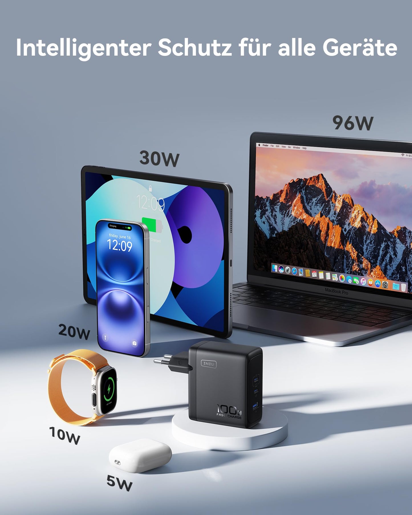 INIU 100W USB C Charger, Laptop Fast Charger with USB C Cable, GaN 3-Port Multiple Wall Charger for MacBook Air Pro, iPad, iPhone 17 16 15 Pro Max, Samsung Galaxy S25 S24 Ultra, Pixel, Switch 2, etc.