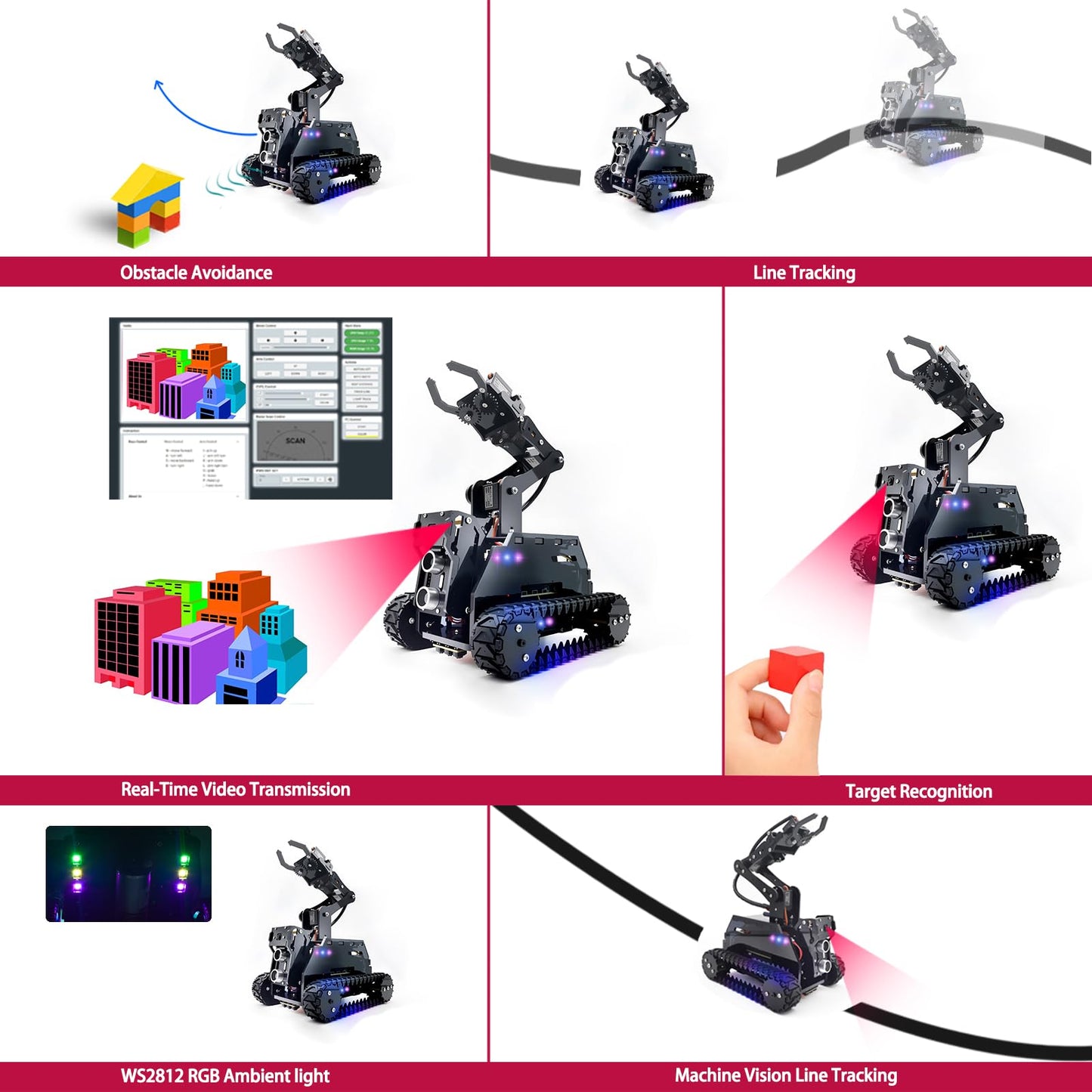 Adeept RaspTank Smart Robot Car Kit for Raspberry Pi 5/4/3B/3B+ (Board Not Included), Tank Tracked Robot with 4-DOF Robotic Arm, Obstacle Avoidance, Line Tracking, USB-C Charging, with Digital Tutorials.