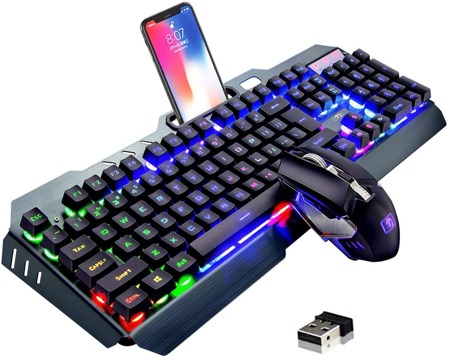 Wireless gaming keyboard and mouse set, 2.4G rechargeable 3800mAh large capacity, rainbow LED backlight gaming keyboard + 2400DPI 7-color breathing backlight mouse.