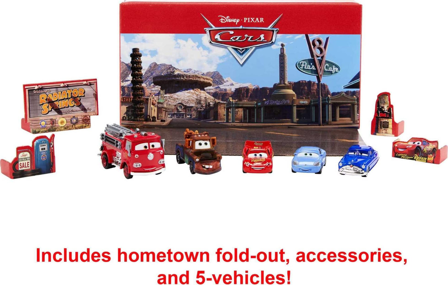 Disney Pixar Cars HFN81 - Collection of 5 vehicles, set of 4 character vehicles and 1 fire truck Red, inspired by Radiator Springs, gift for collecting for children and fans aged 3 years and up.