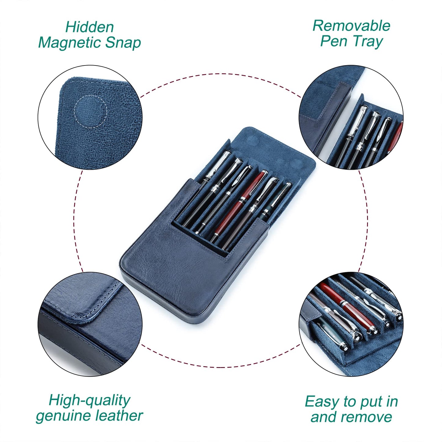 Hiram leather fountain pen case for 6 pens, Portable leather pen storage box with hidden magnetic snap closure design (Blue)