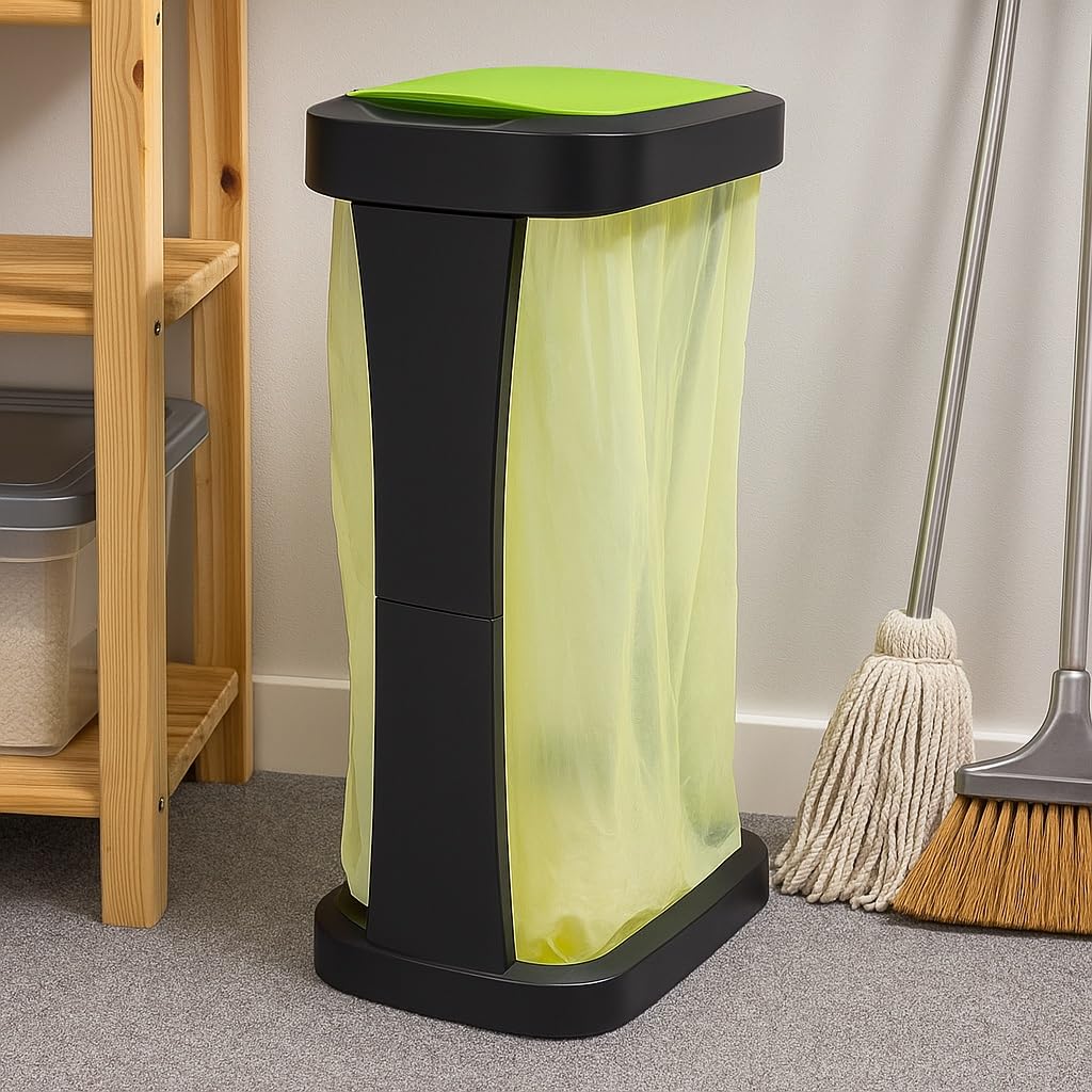 Yellow Bag Stand with swinging lid, sturdy kitchen trash can for 70-120L garbage bags, perfect for collecting deposit bottles, high-quality trash bag stand for household and commercial use.