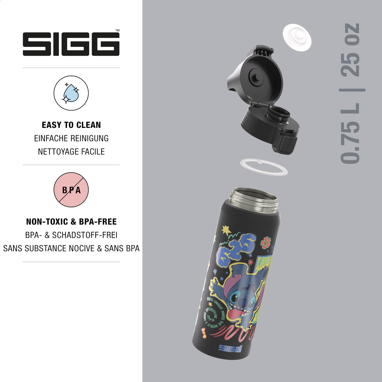 SIGG - Stainless Steel Water Bottle - Shield One Disney Lilo & Stitch - Suitable for Carbonated Drinks - Leak-proof - Lightweight - BPA-free - Sports & School - Black - 0.75L