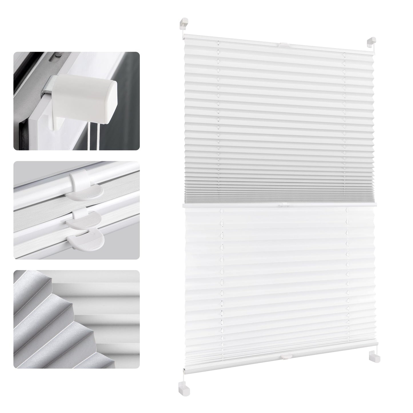 All-in-one Pleated without drilling blackout (Day and Night), White 60x110cm (WxH) Thermo Pleated 100% blackout & lightproof blind, Double pleated colorful for windows & doors.