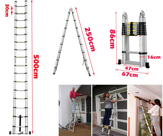 5M telescopic ladder extendable ladder aluminum ladder extension ladder leaning ladder 16 rungs multipurpose ladder 150kg load capacity safety lock ladder