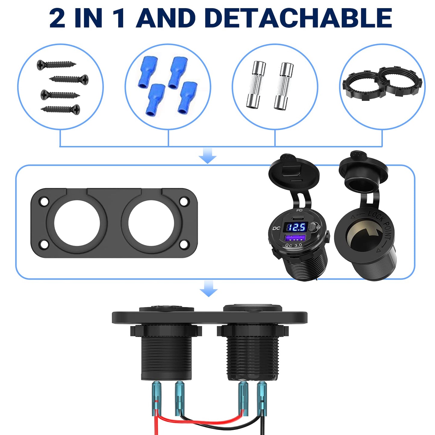 Cigarette Lighter Socket 12V USB Flush Mount Socket: Qidoe Aluminum Alloy 20W PD3.0 Car USB Outlet Waterproof Voltage Monitor 12V Socket 300W 24V Socket QC3.0 for Car Boat RVs