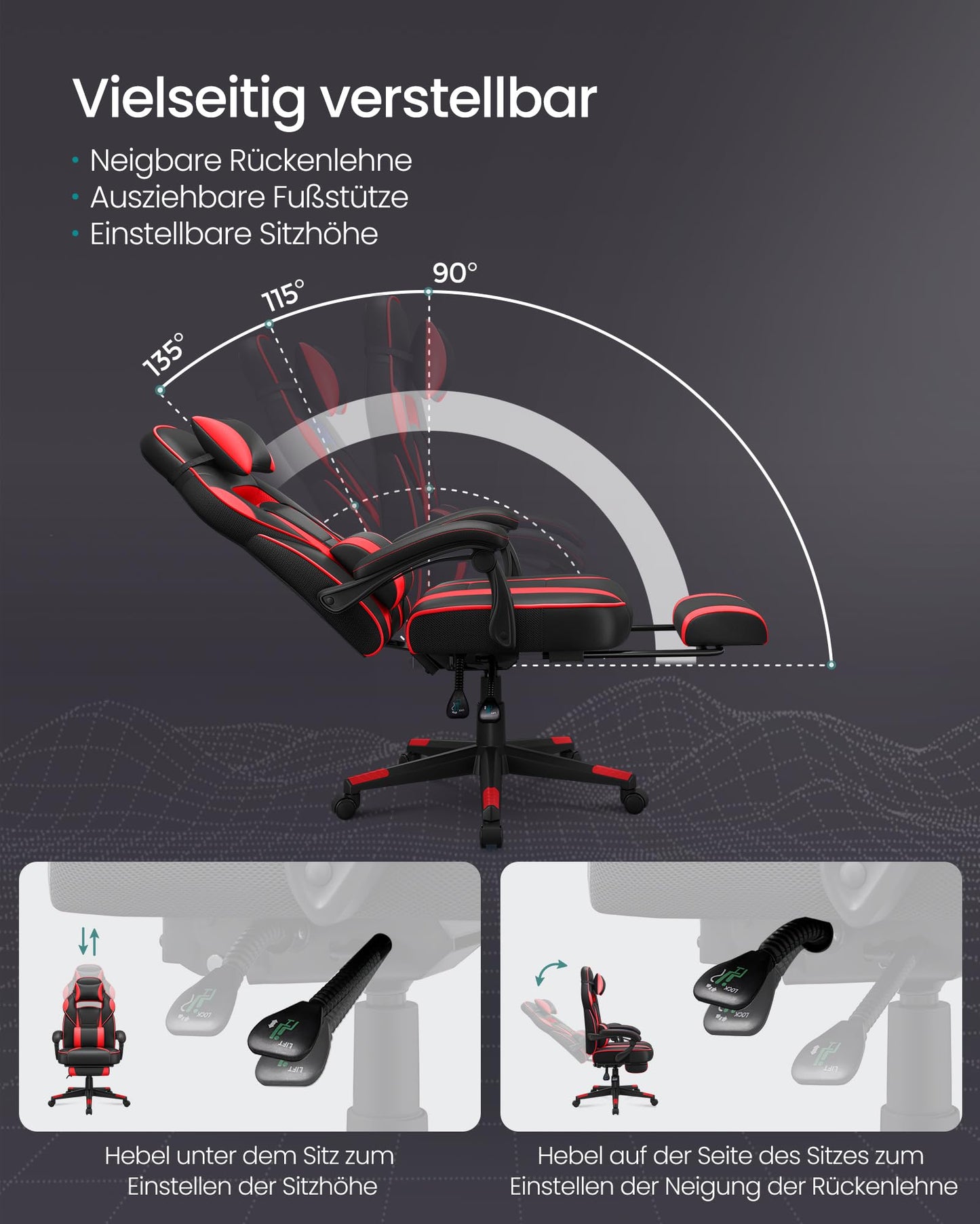 SONGMICS Office Chair, Desk Chair, Extendable Footrest, Headrest, Lumbar Pillow, Height Adjustable, Ergonomic, Reclining Backrest, Supports up to 150kg, Ink Black-Strawberry Red OBG73BRV1