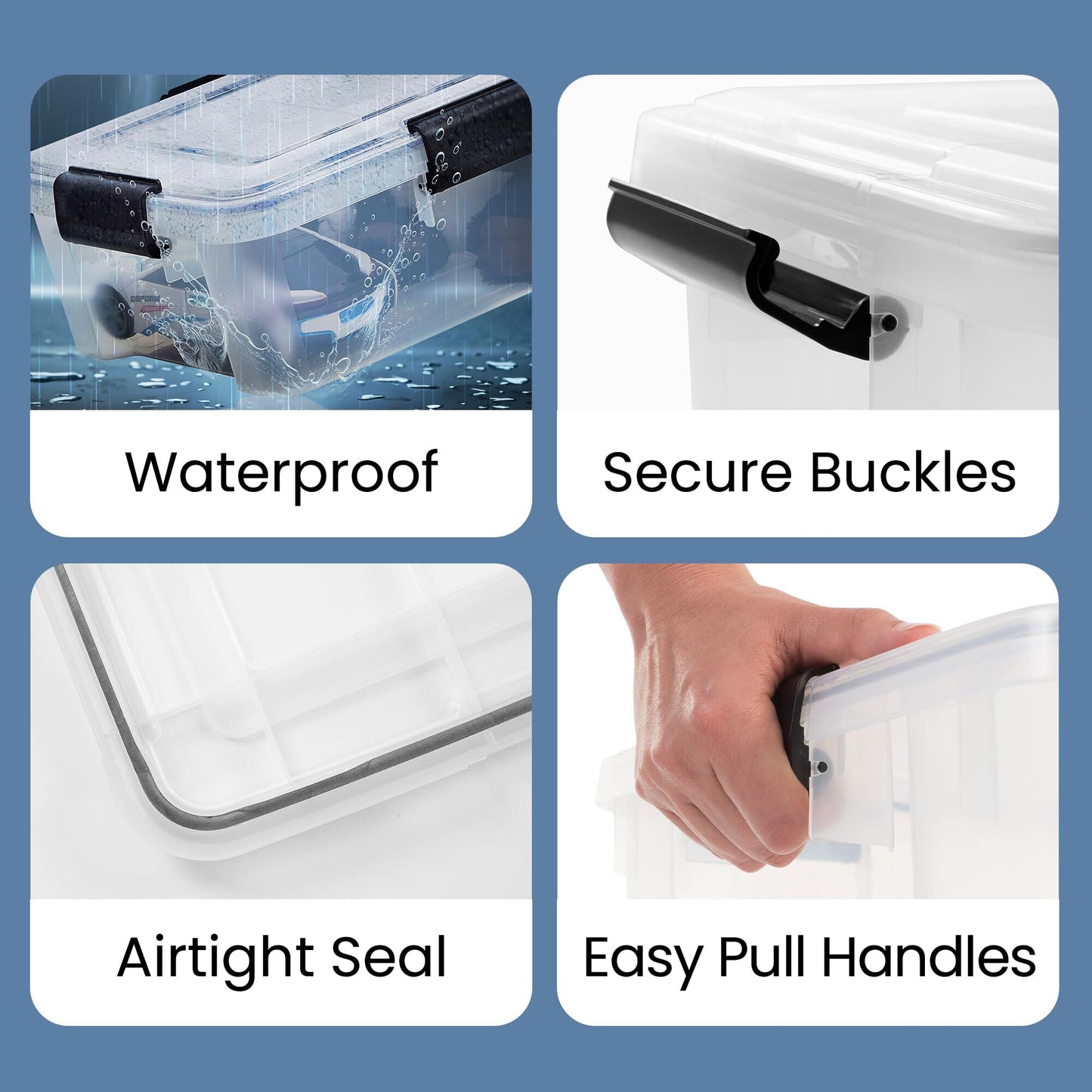 Iris Ohyama airtight plastic storage boxes with lid, 70L, 2-pack, transparent, hermetic waterproof seal, sturdy snap locks, stackable, dustproof, BPA-free, AT-LD.