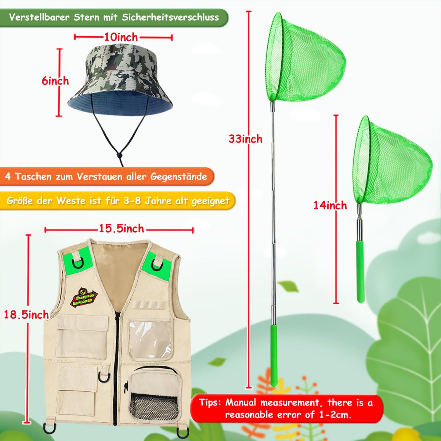 Outdoor Explorer & Bug Catcher Kit with kids vest, binoculars, magnifying glass, butterfly net, hat, and backpack, Adventurer Set gifts for 3-10 year old boys toy