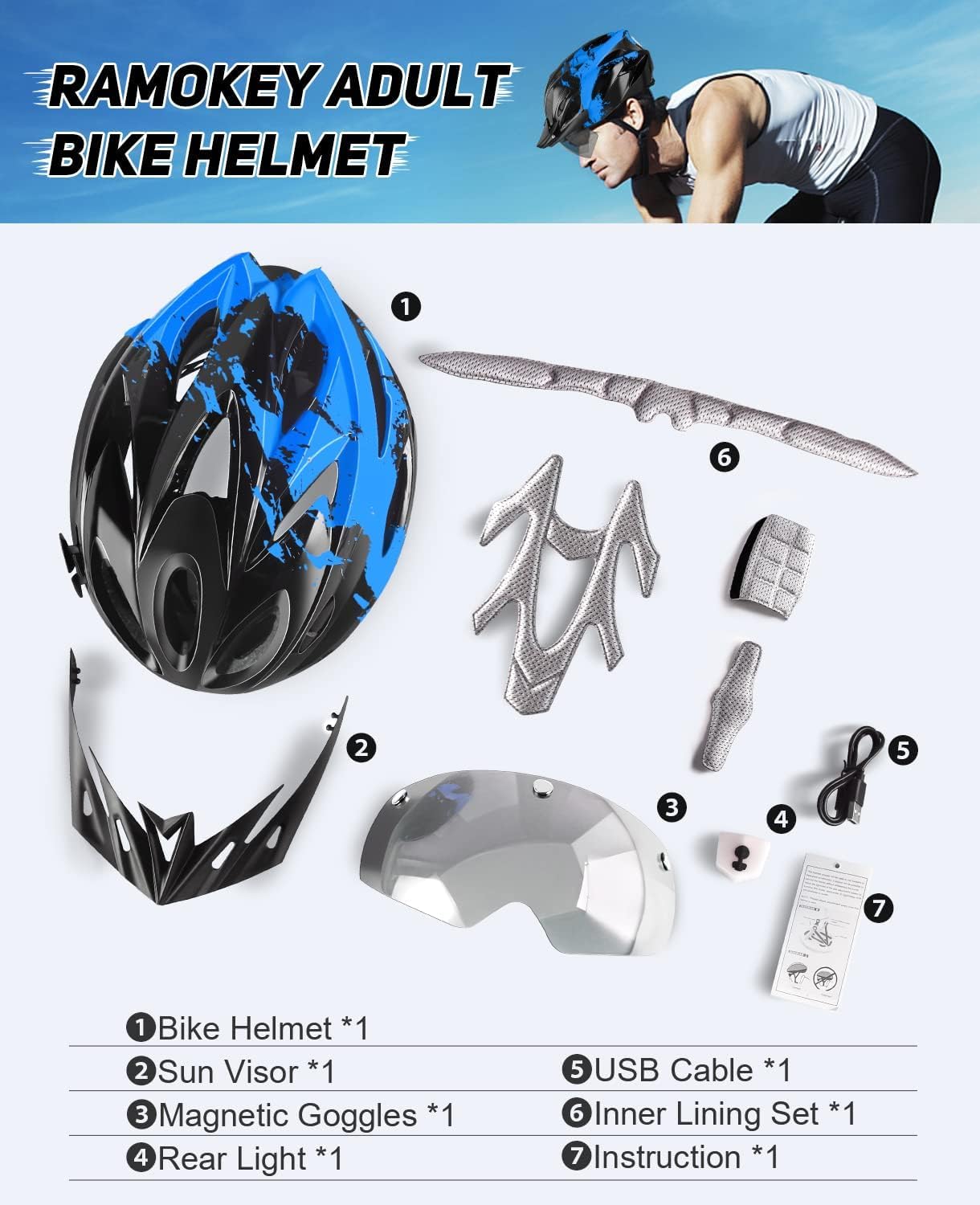 RaMokey Adult Bike Helmet with Light, City Helmet Urban Bike Helmet for Men and Women with Detachable Magnetic Protective Glasses Visor, Bike Helmet with 18 Ventilation Channels 57-62cm.
