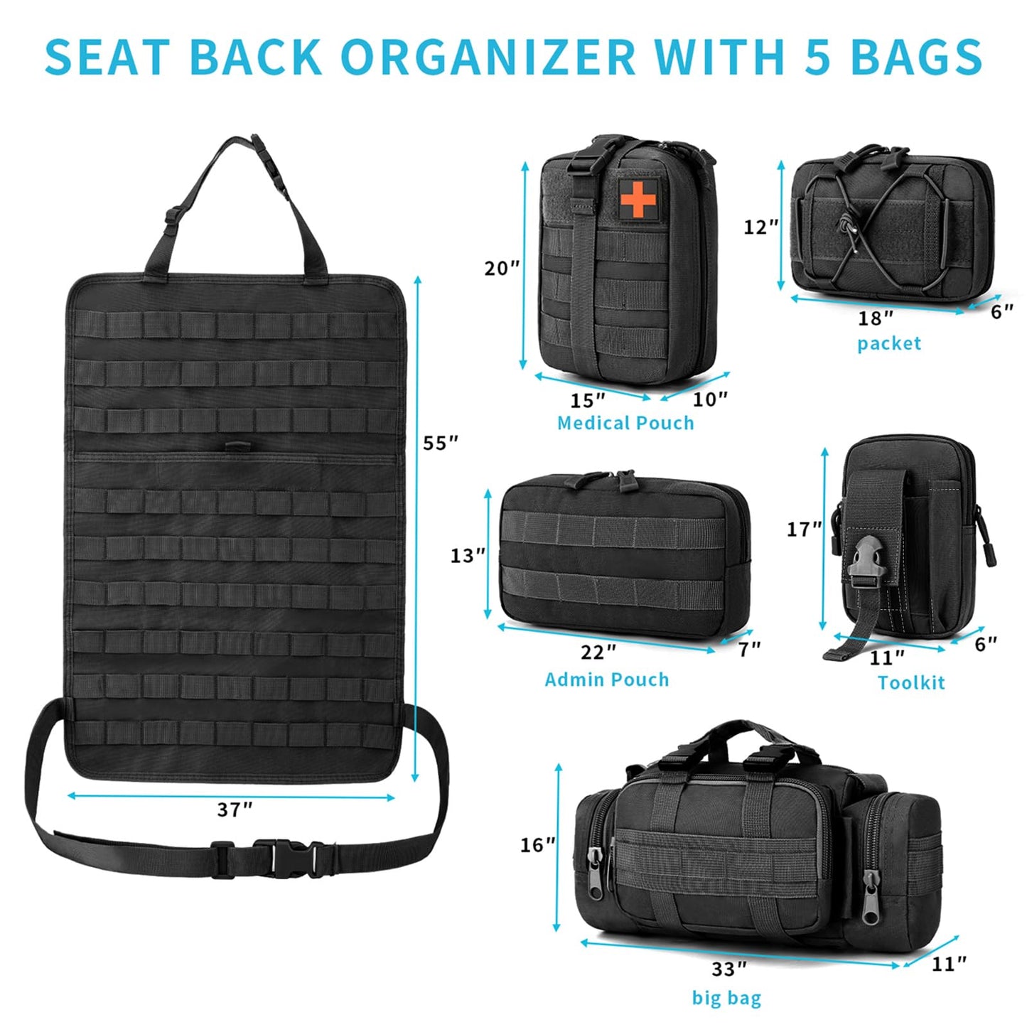 ZACITLEI Universal Tactical Car Seat Back Organizer, Front Seat Back Storage Bag Backseat Protector with 5 Removable Molle Pouch for Most Vehicles