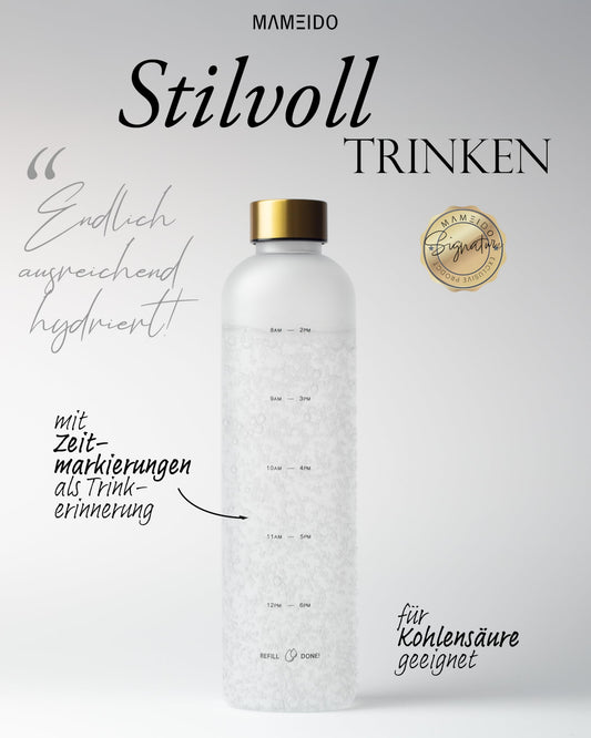 MAMEIDO 1L carbonation-friendly water bottle with leak-proof design, time markings, BPA-free for sports, gym & office (Frosted White Gold)