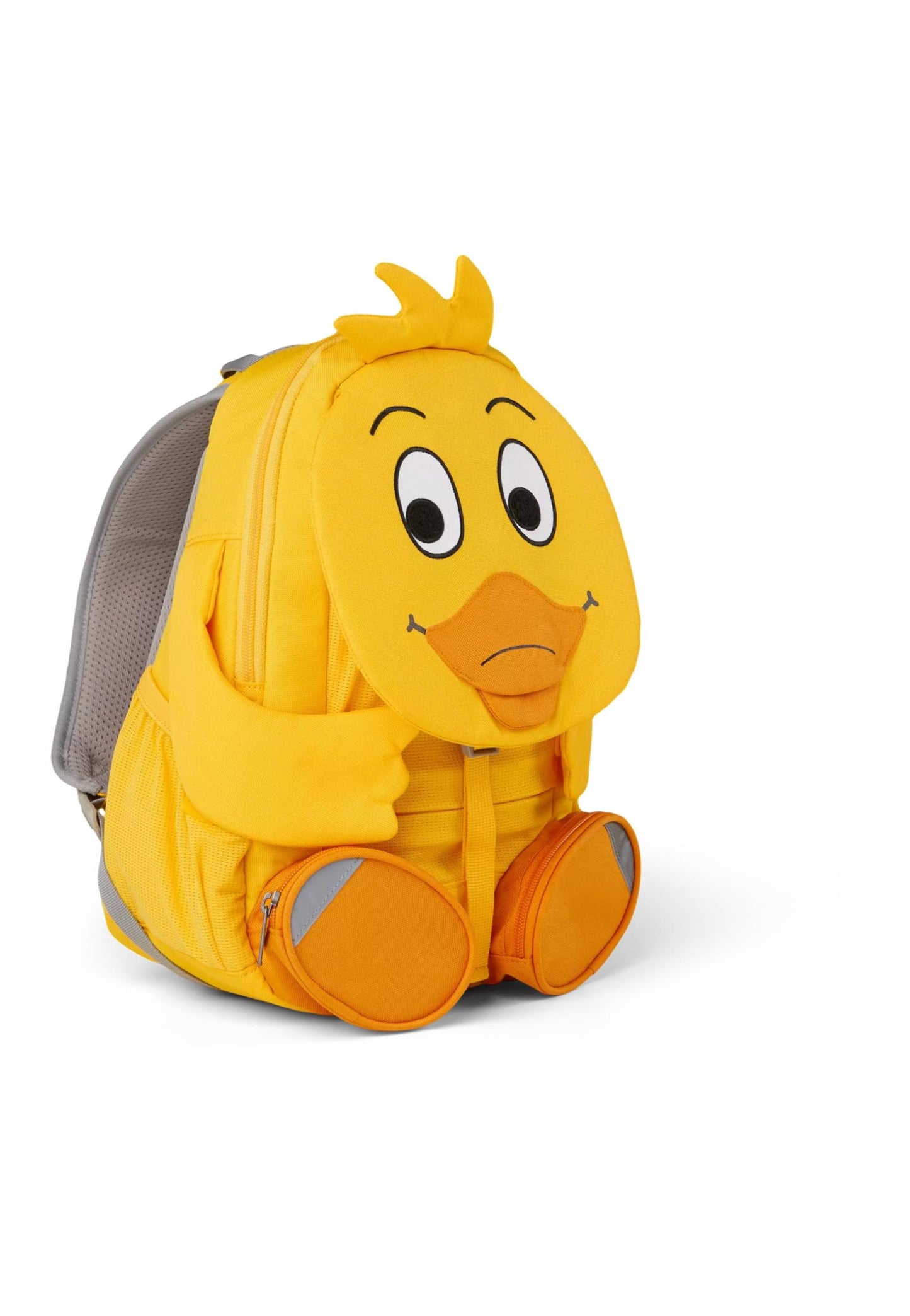 Monkey Big Friend Kids Backpack in the shape of the duck from the German TV show "Die Sendung mit der Maus", yellow, reflective, ergonomic, name on extendable tongue, 8 liters, size: 20 x 31 x 12 cm, AFZ-FAL-001-042