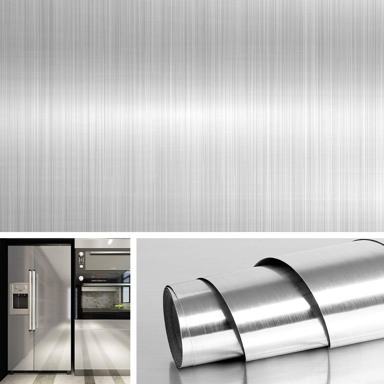 Livelynine 40CMX10M adhesive film silver stainless steel self-adhesive metallic film self-adhesive furniture film refrigerator film dishwasher cabinets splash guard kitchen self-adhesive decorative film