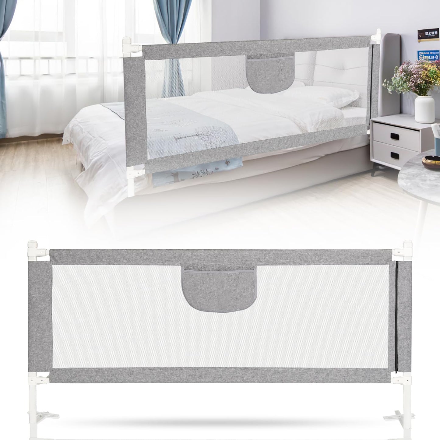 Jopassy Bed Rail 180cm Bed Guard for Kids, Bed Rail for Kids, Baby Guardrail sturdy design, airy Baby Guardrail for young children Grey