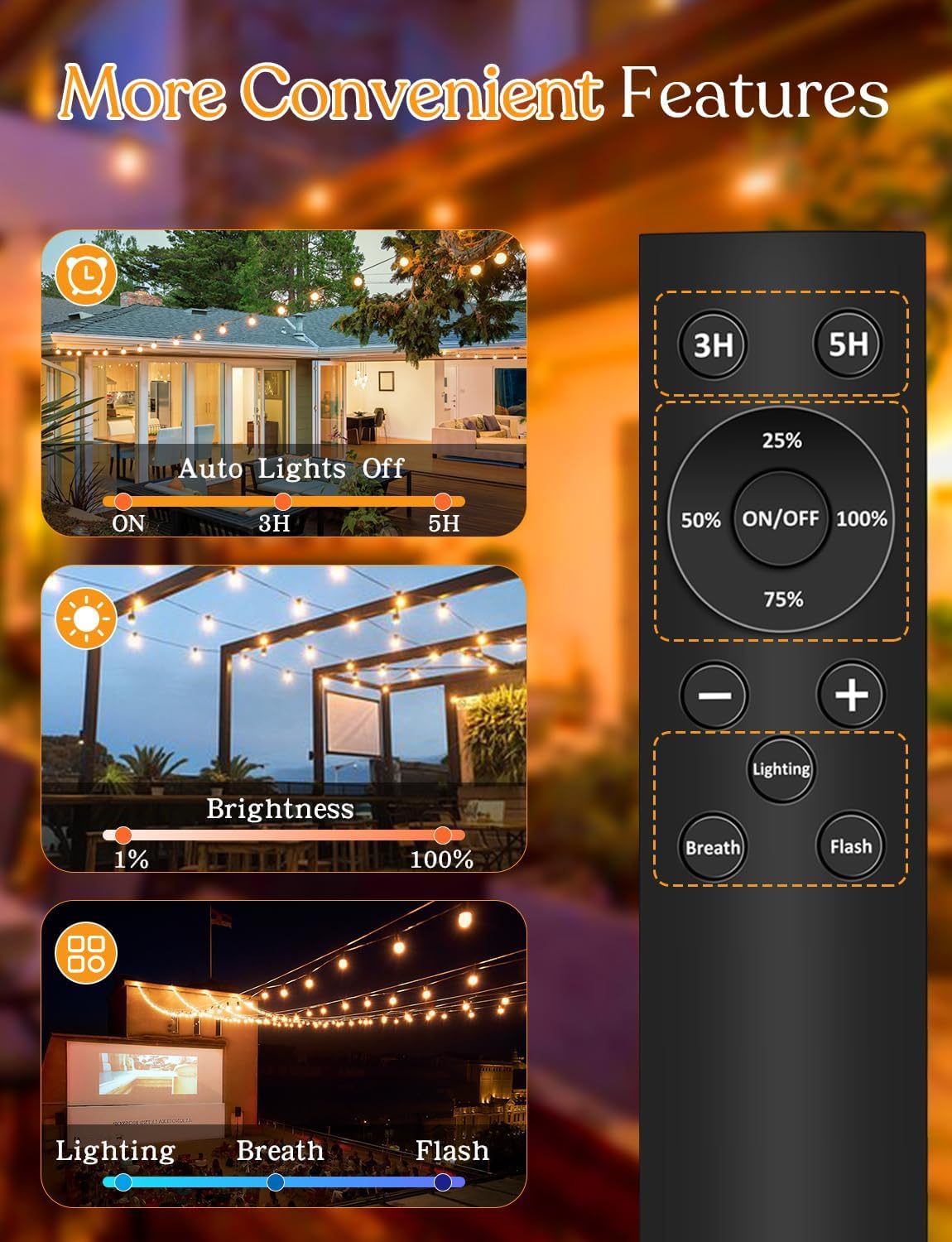 Outdoor string lights with remote control - 15M dimmable LED string lights with G40 bulbs, 4 modes and timer function, waterproof for outdoor garden balcony terrace party camping wedding.